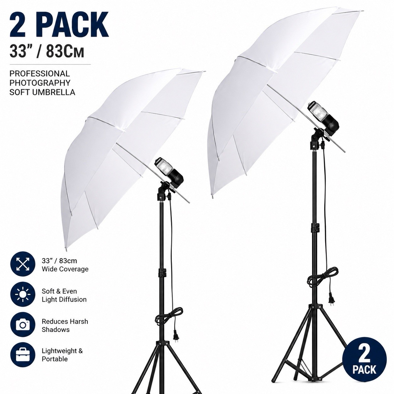 2 Pack 33” 83cm Photography Studio Lighting White Translucent Flash Umbrellas