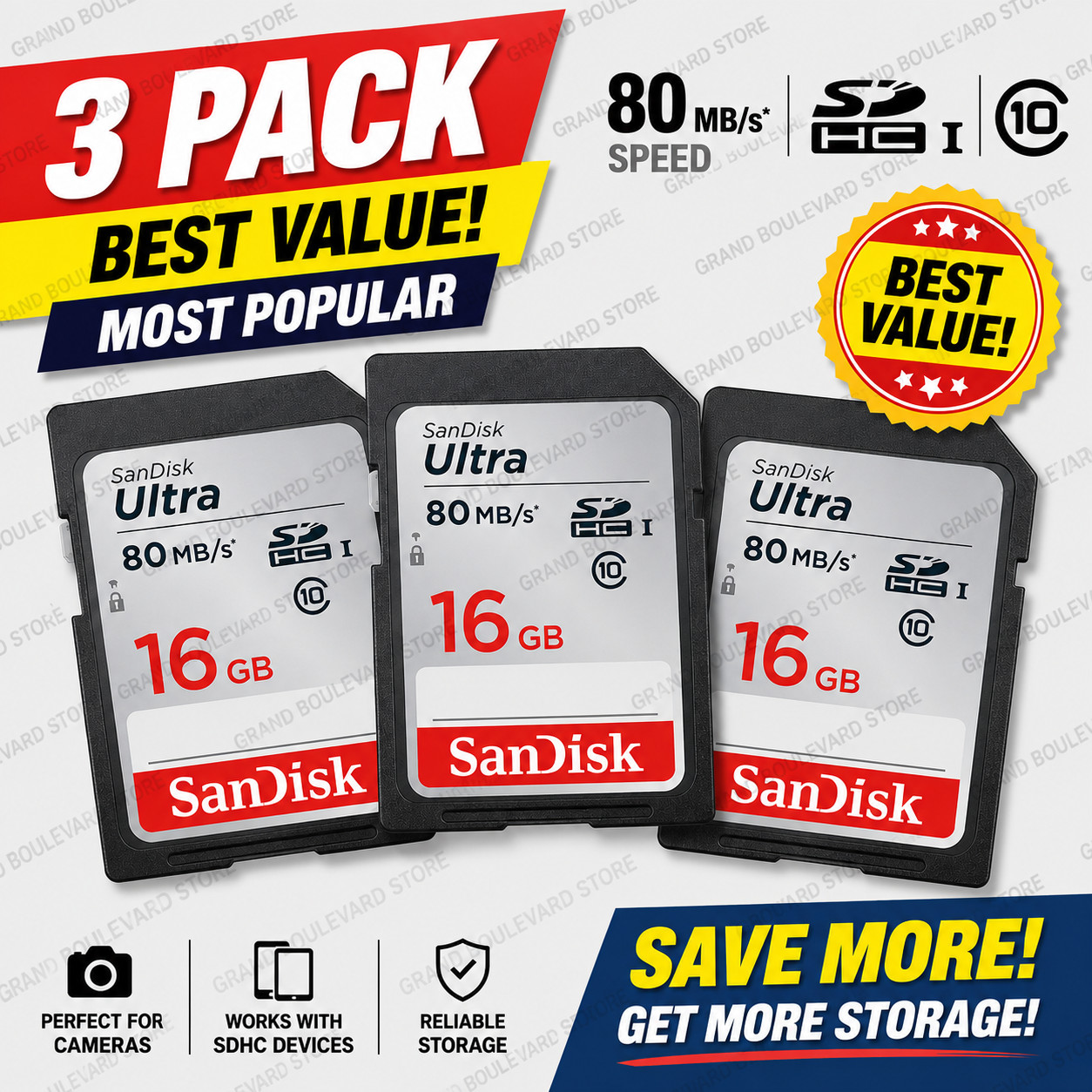 SanDisk Ultra 16GB SD Card 80MB/s SDHC Class 10 Camera Nintendo 2DS 3DS (3-Pack)