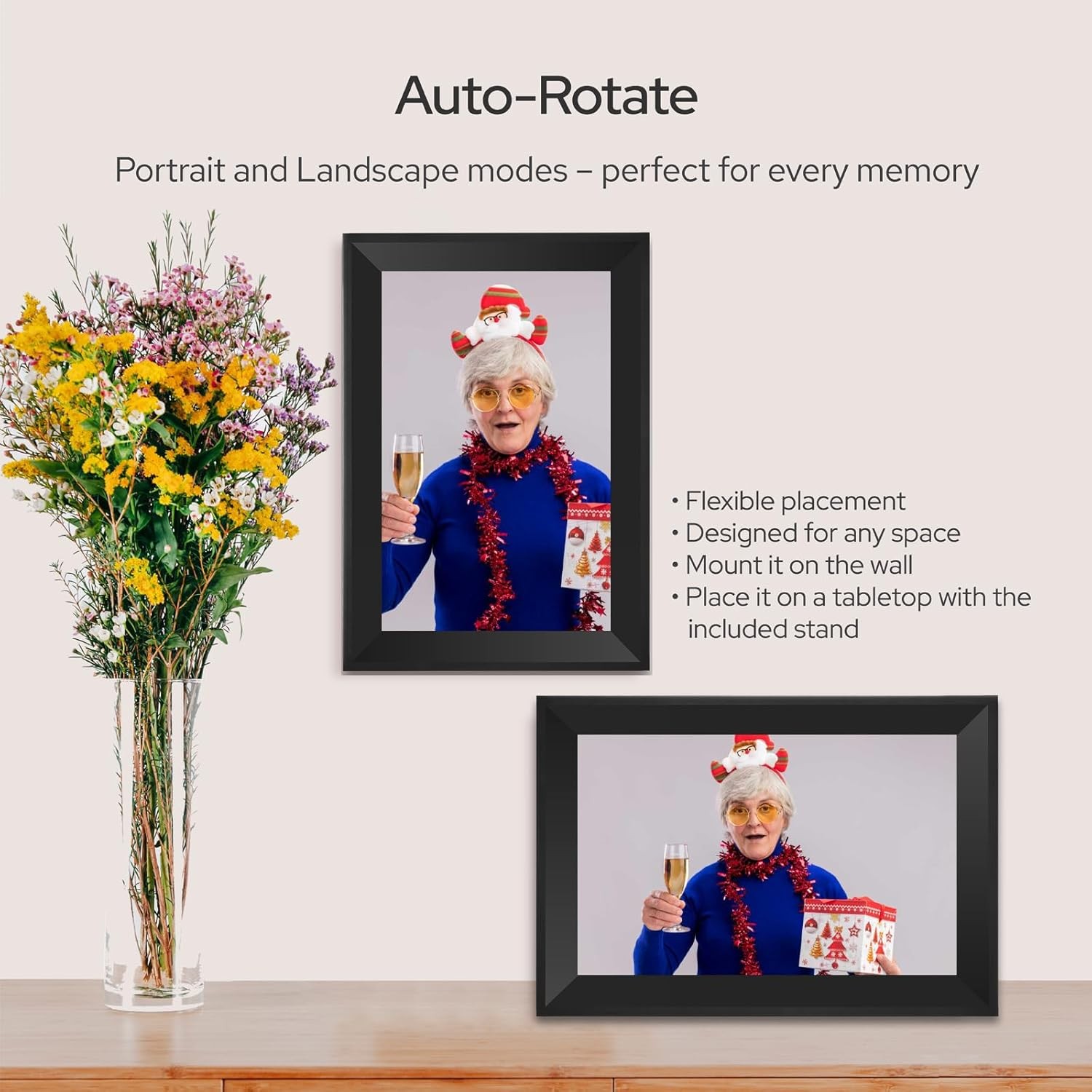 HD Smart Digital Photo Frame Wall Mountable w/ Auto-Rotate & App Sharing