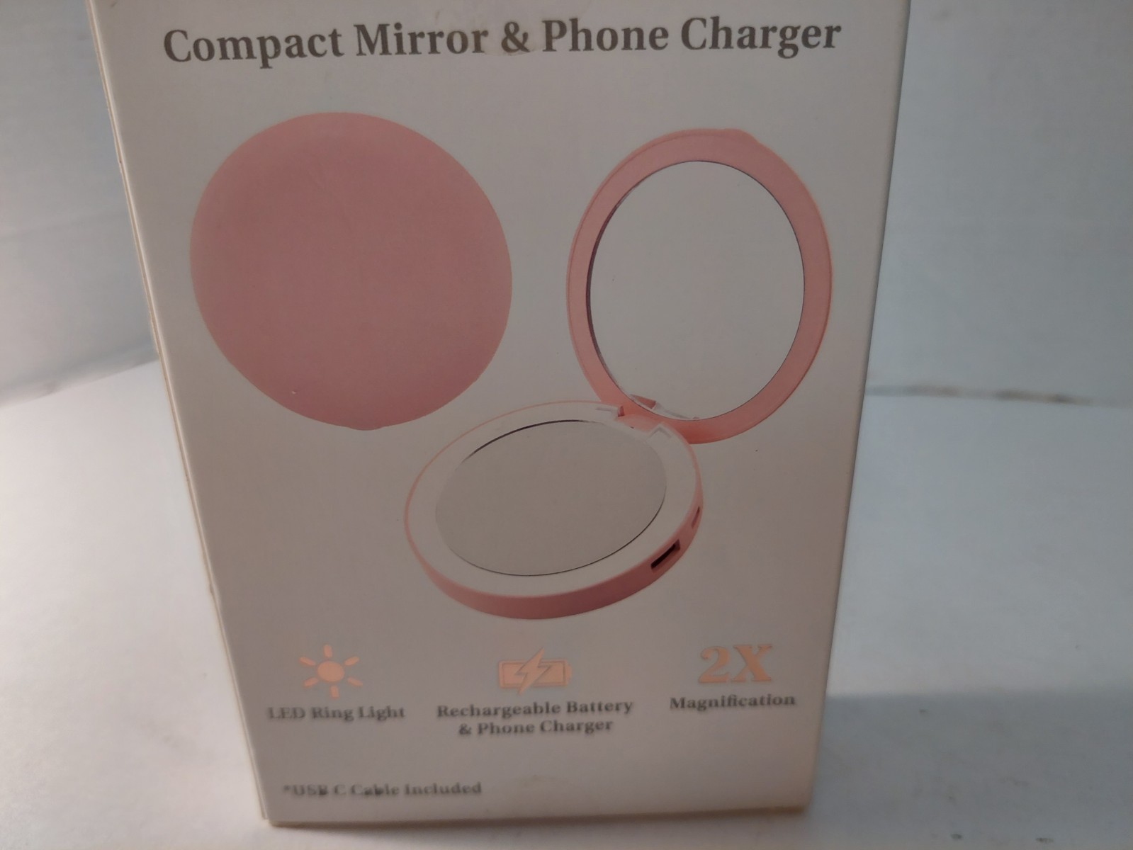 Compact Mirror And Phone Charger LED Ring Light Rechargeable 2X New Sealed