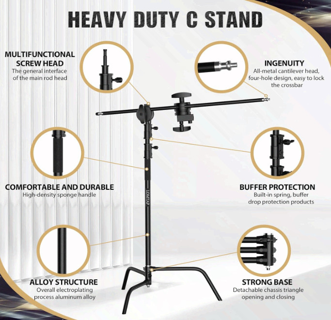 Heavy Duty Stainless C Stand Photography Kit 10.8ft w/Boom Arm, Sandbag & Clips