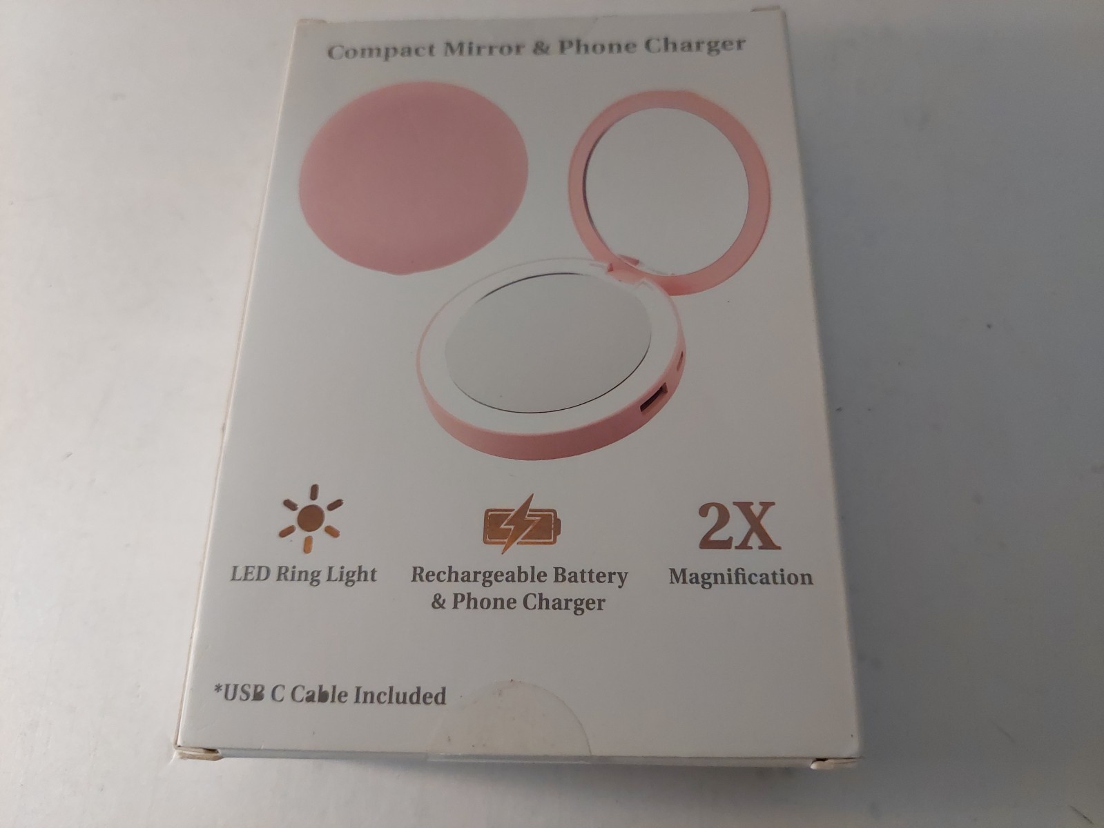 Compact Mirror And Phone Charger LED Ring Light Rechargeable 2X New Sealed