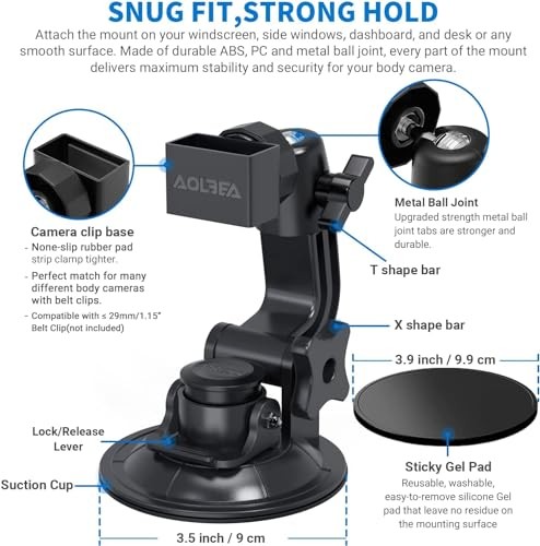 Aolbea Body Camera Suction Cup Mount for Car Windshield Dashboard Adjustable