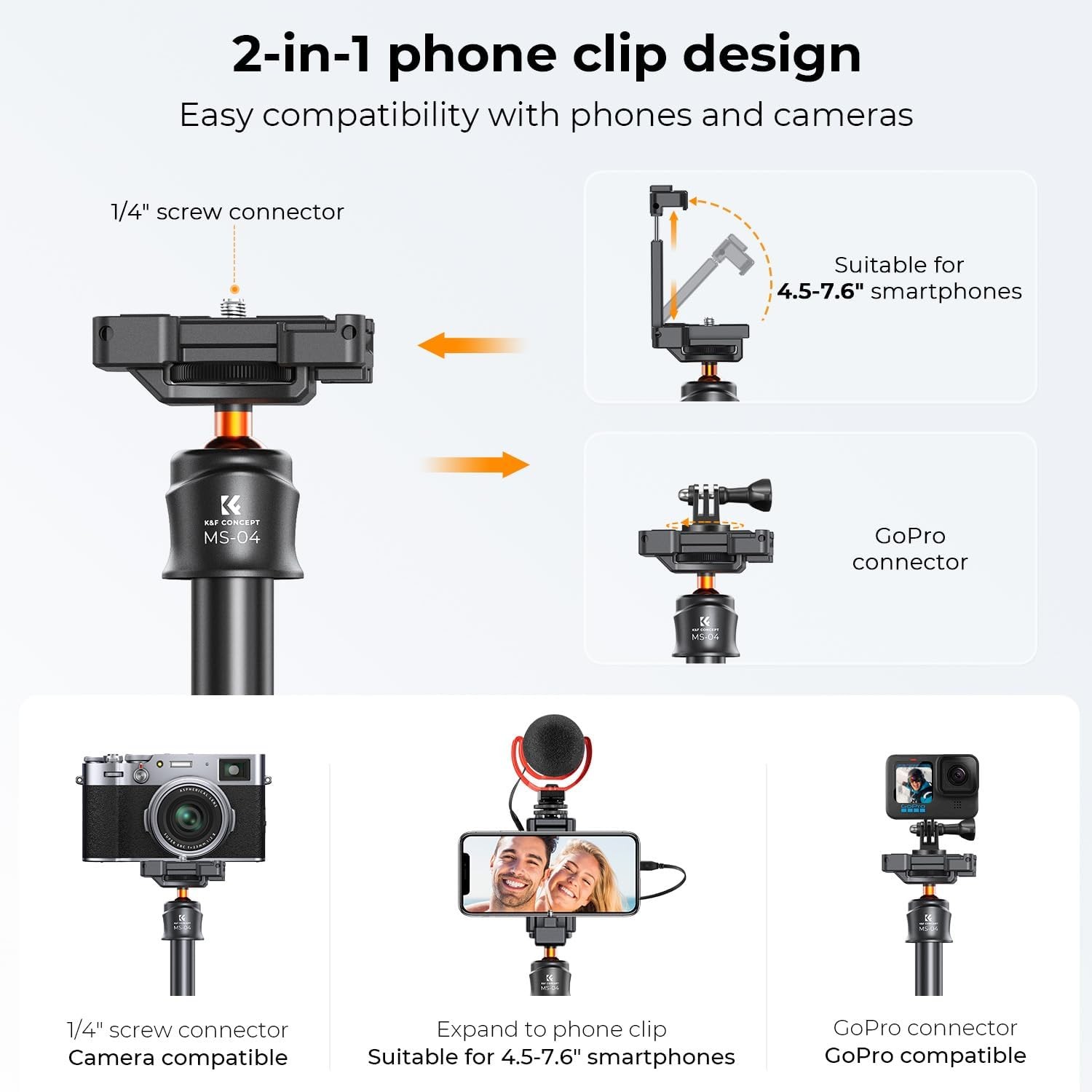 K&F CONCEPT 62” Phone Selfie Stick Tripod for Phone/GoPro/Camera with Remote
