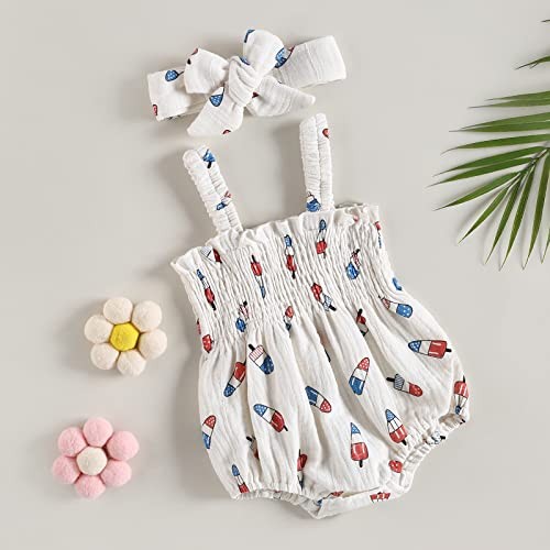 4th of July Newborn Baby Girl Outfit Amerian Flag Boho 3-6 Months Off-white