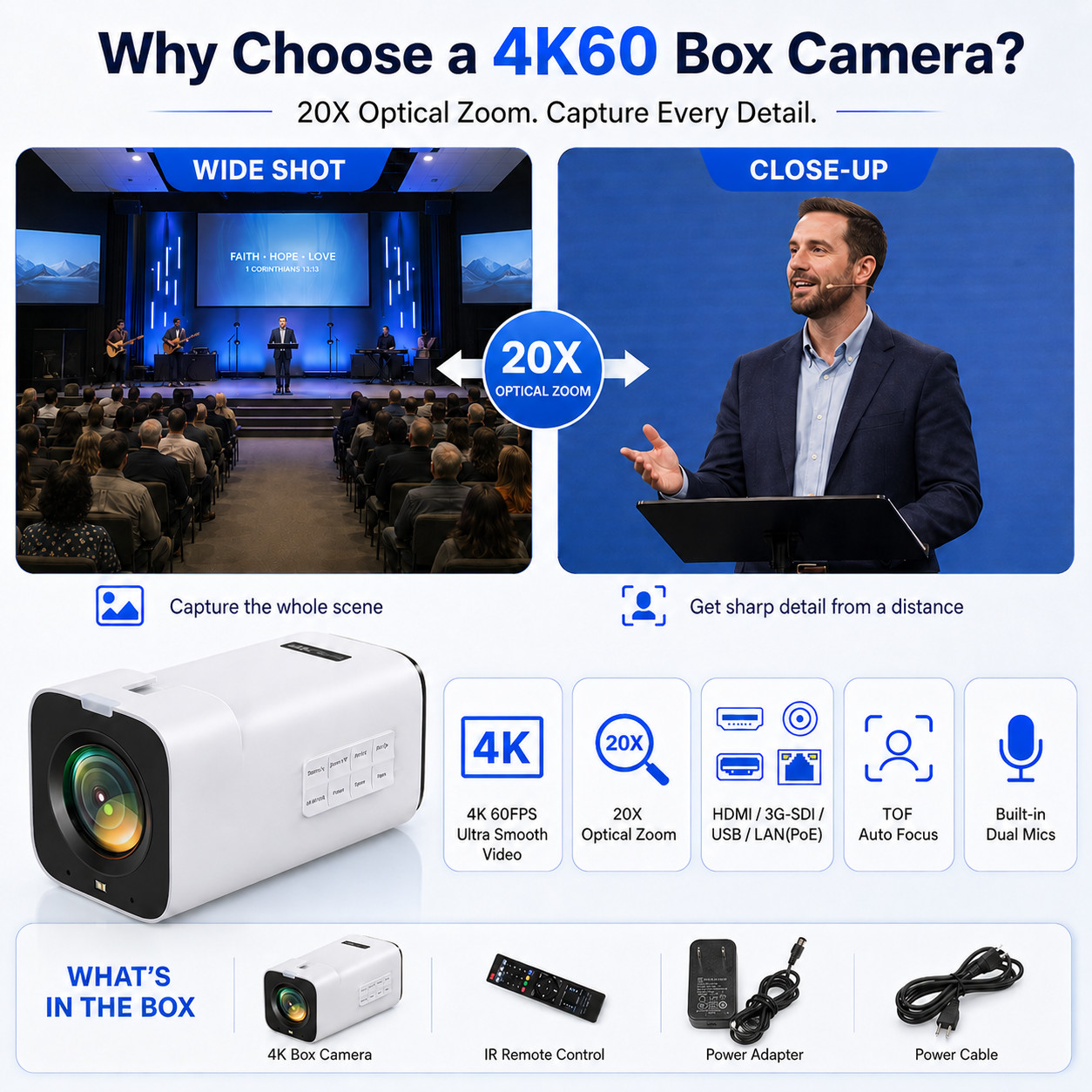 TOALLIN 4K 60FPS Box Video Camera 20X Optical Zoom PoE HDMI Streaming Camera NEW