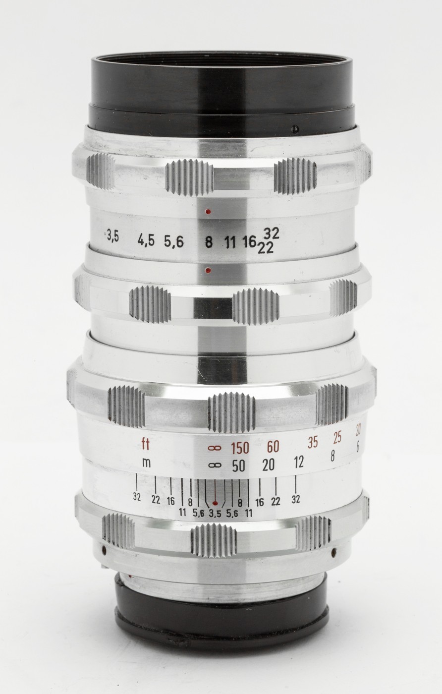 (6) A.Schacht Ulm Travenar 135/3,5 lens Exakta mount caps case crystal clear