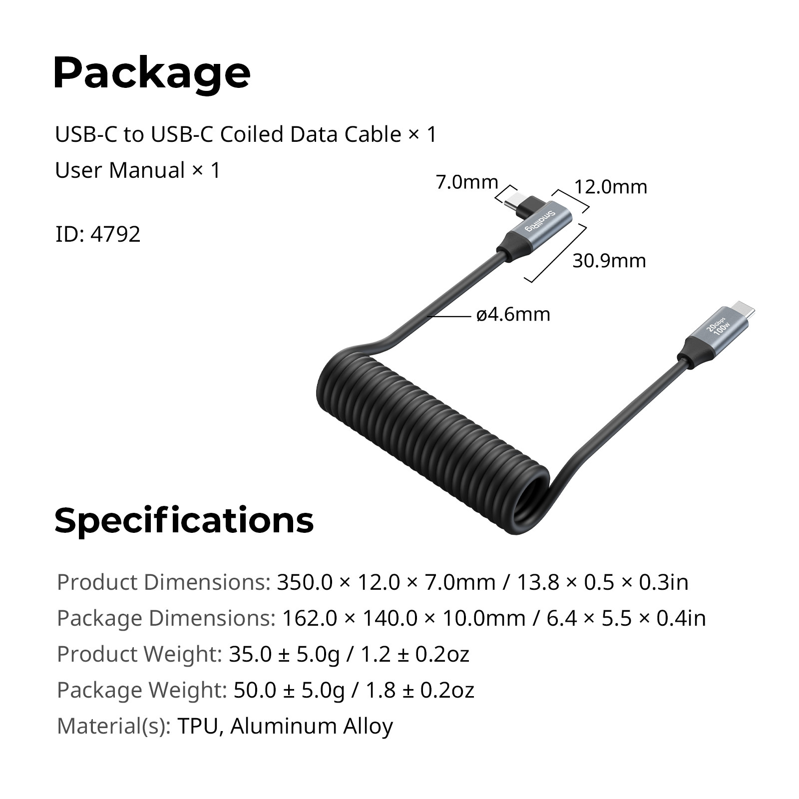 SmallRig USB C Coiled Cable, USB C 20Gbps Transfer, PD 100W Charging, for iPhone