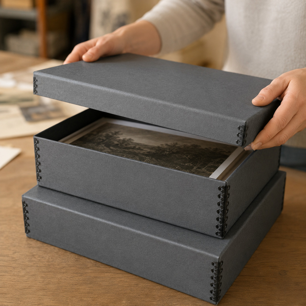 Archival Storage Box Gray 9.75×12.75×3 2 Pack Acid-Free Document Craft