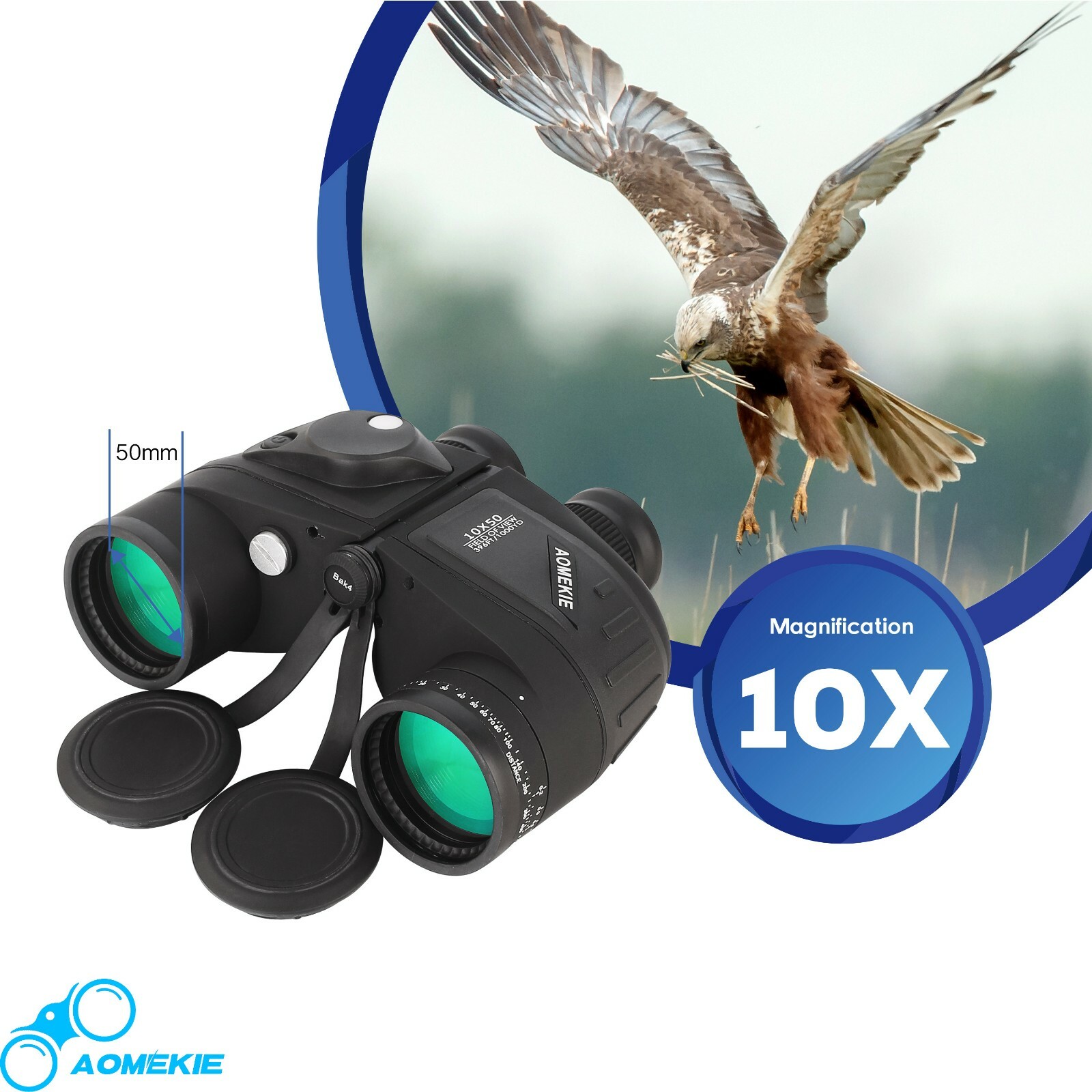 10X50 Marine Binoculars with Compass Rangefinder Waterproof for Hunting Boating