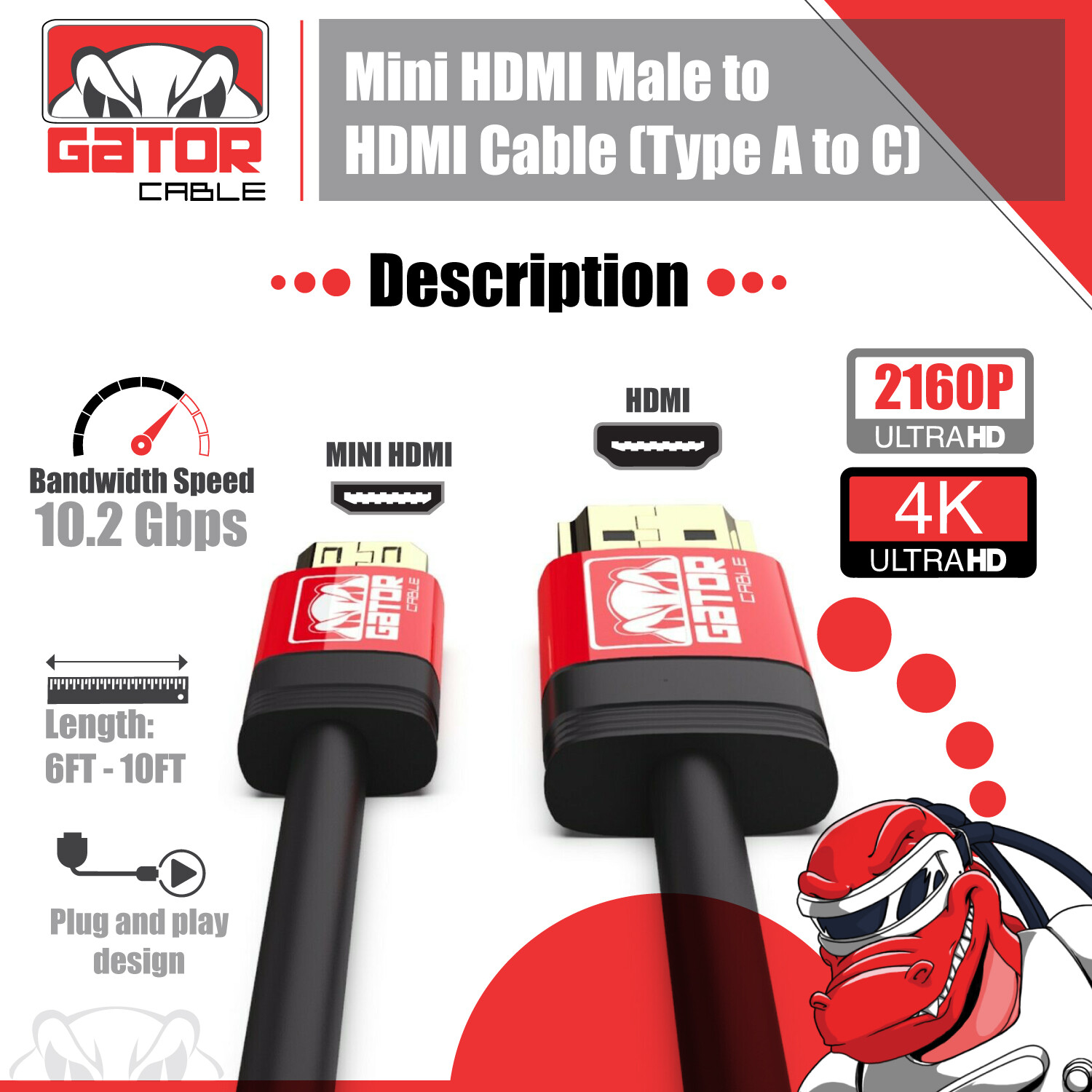 Mini HDMI to HDMI Cable Adapter Converter 4K UHD High Speed HD HDMI A to Mini C