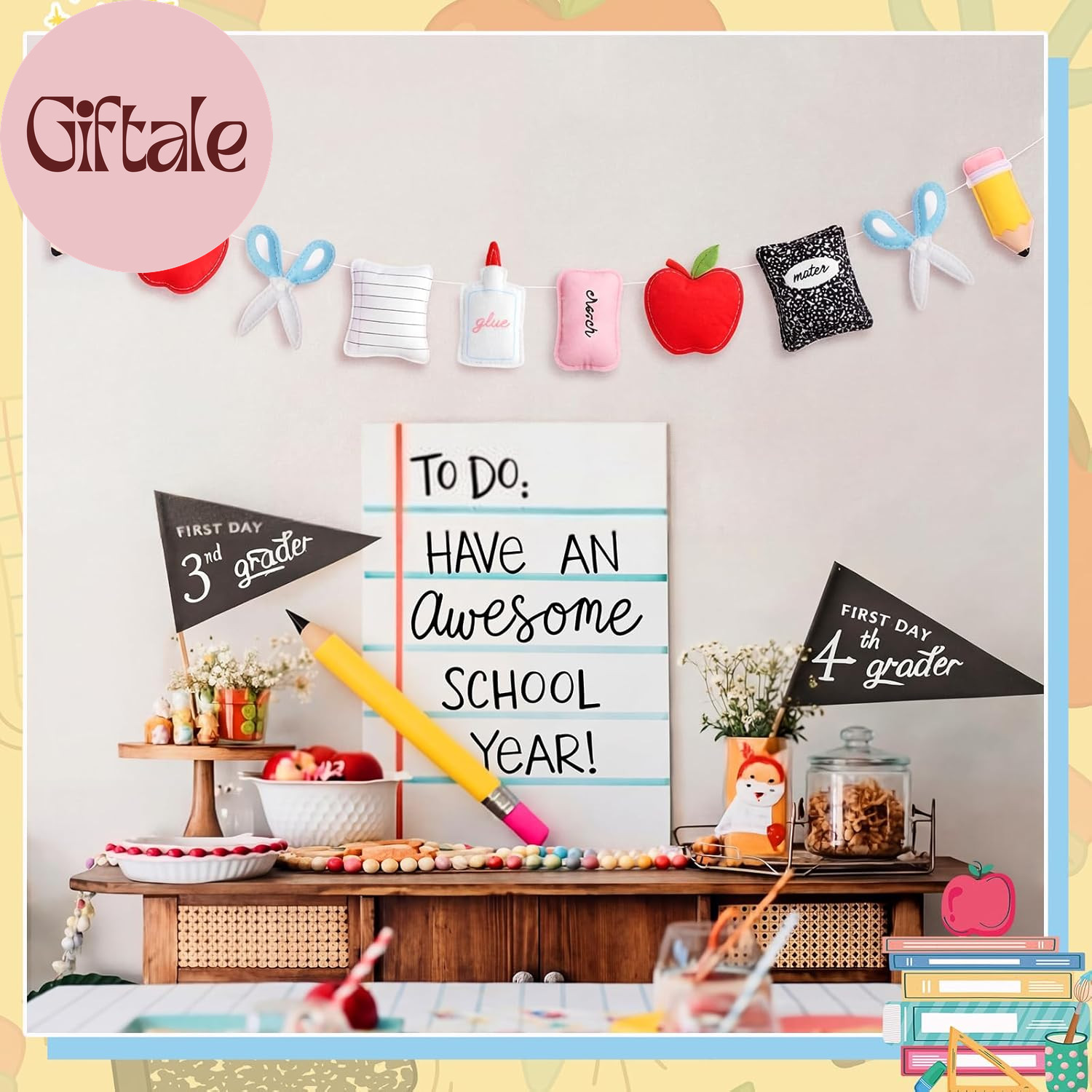 Apple Composition Notebooks Pencil Garland Felt Banner for Back to School Decora