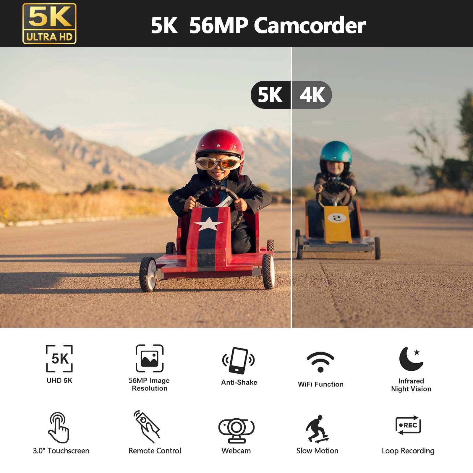 5K Camcorder 56MP Video Camera WiFi IR Night Vision with Microphone,Tripod&64GB
