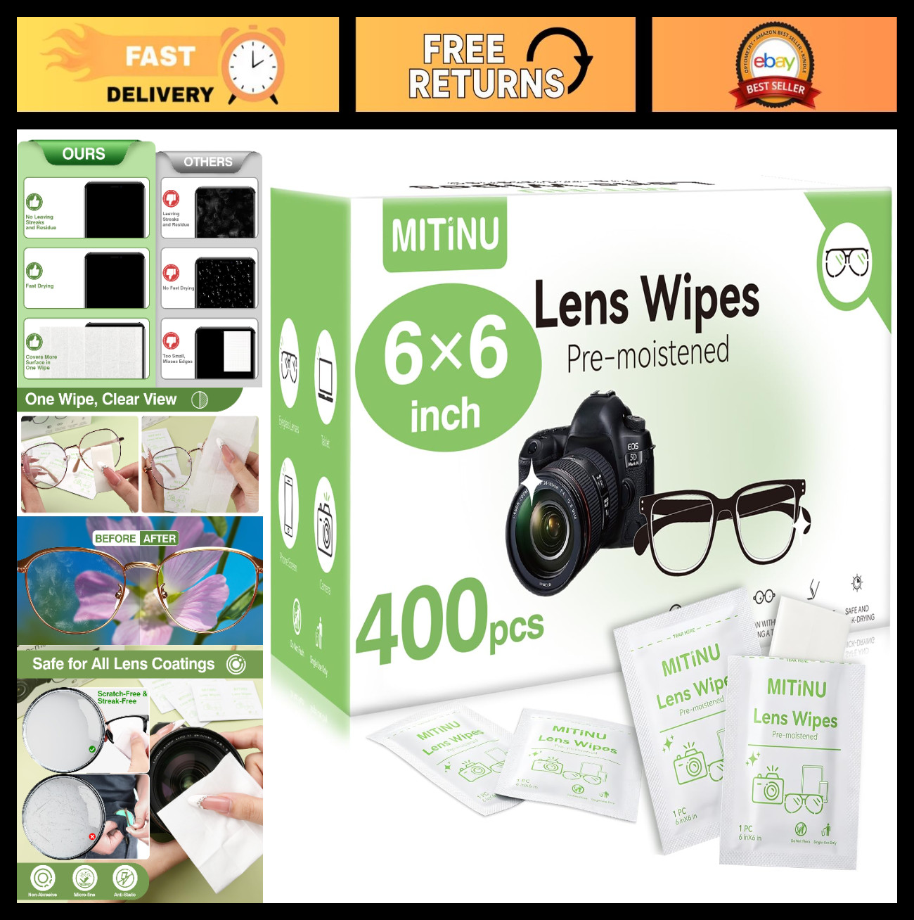 400 Count Lens Wipes 6×6″ Pre-Moistened Cleaner for Glasses, Screens & Lenses