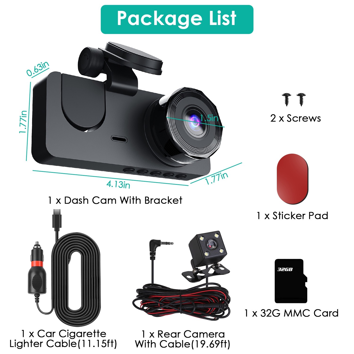3 Channel Dash Cam Front Inside Rear Vehicle Driving Recorder Car DVR With 32G M
