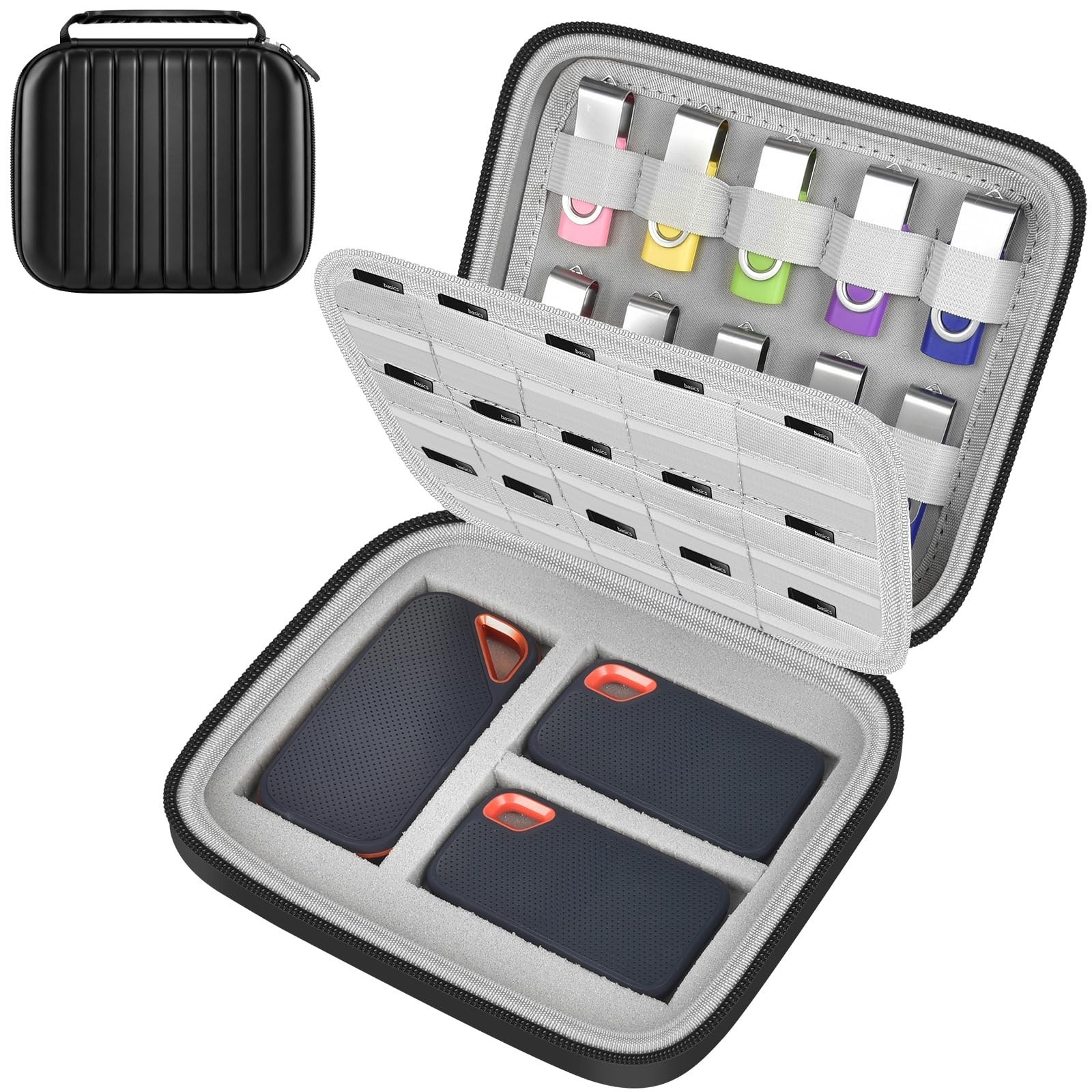 Universal Hard Drive Case for Portable SSDs, 30 SD Card & 10 USB Flash Drive Hol