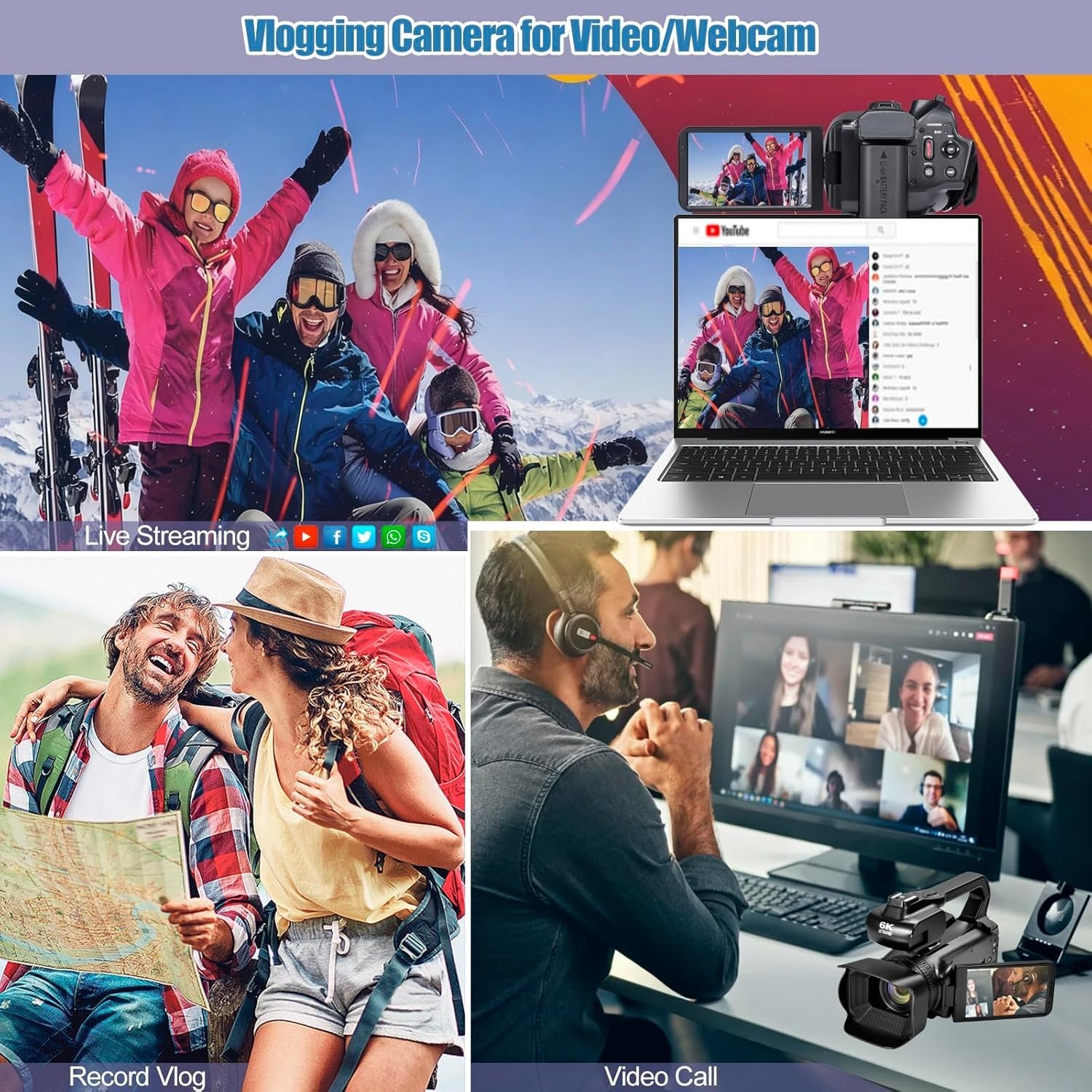 6K UHD Camcorder Video Camera with WIFI, 64MP IR Night Vision 18X Digital Zoom