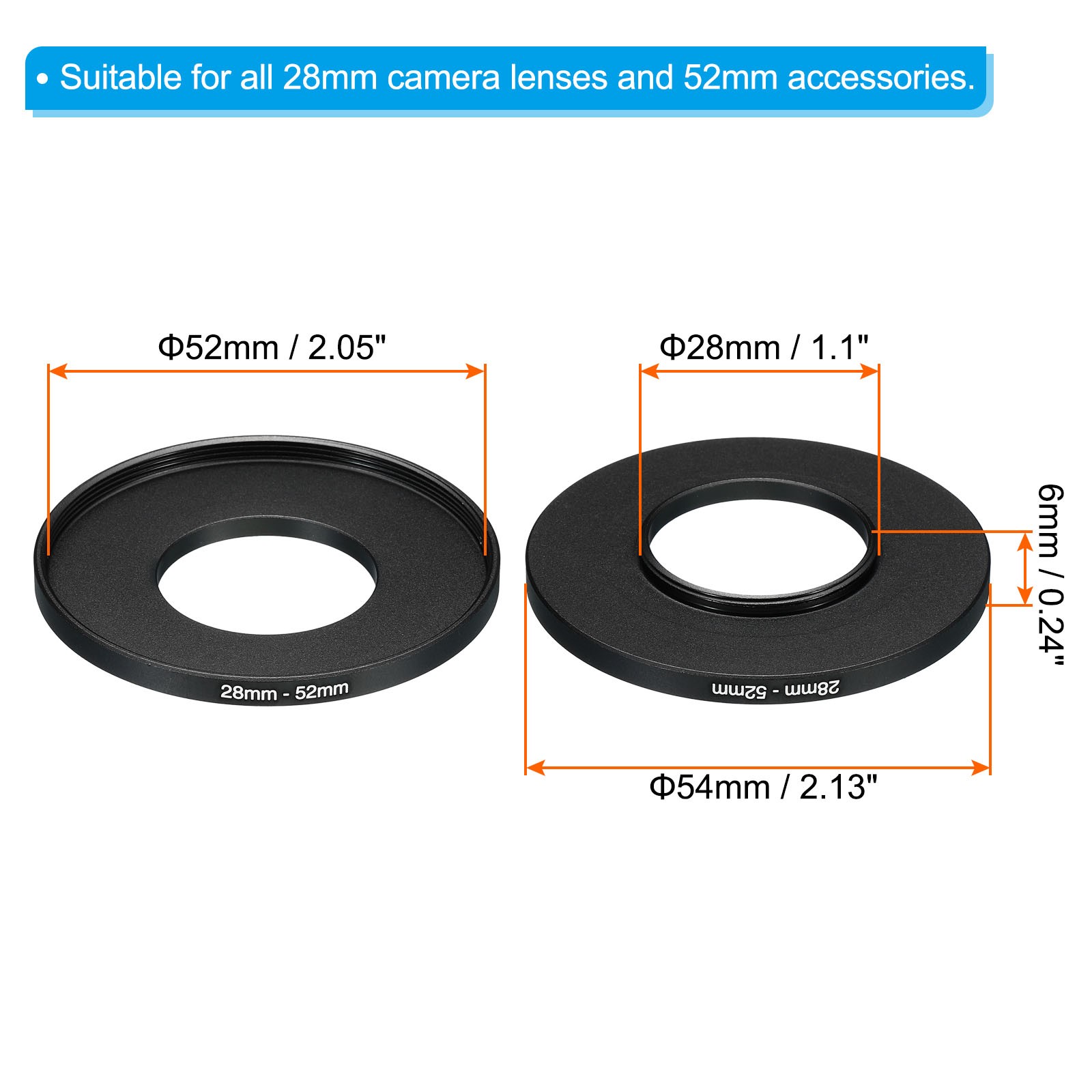 28mm-52mm Metal Step Up Ring, Camera Lens Filter Adapter Ring Black