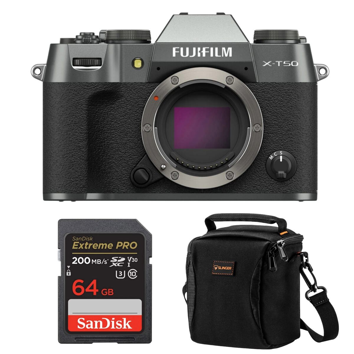 Fujifilm X-T50 Mirrorless Camera, Charcoal Silver, Bundle with 64GB SDXC Memory