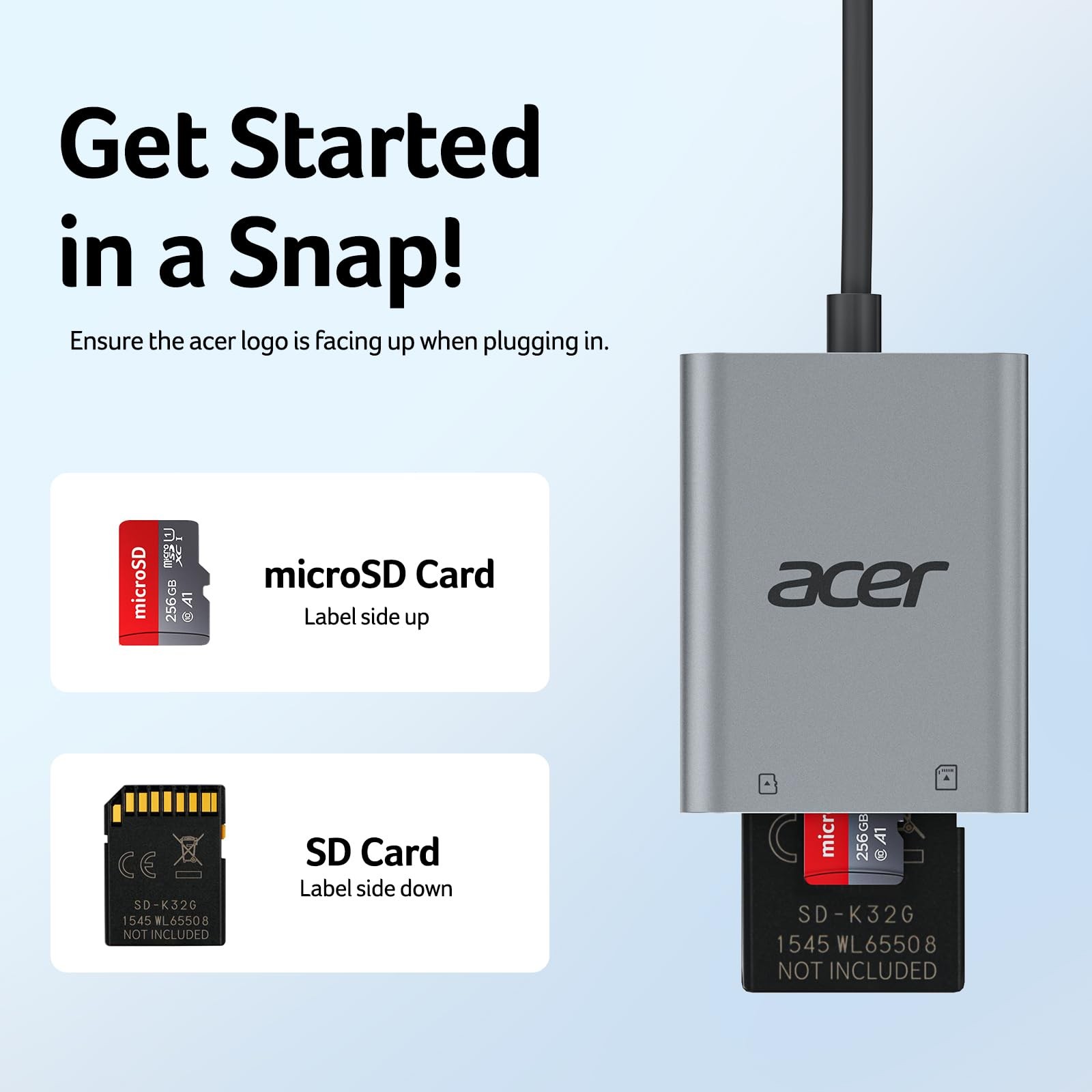 Acer SD Card Reader USB C, Dual Slots Type C to Memory Reader, Grey
