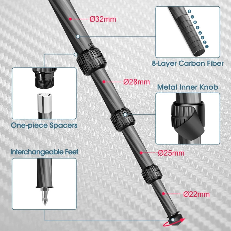 Manbily Tripod Carbon Fiber Tripod, 32mm Tube, Max. Load 44lbs/20kg US STOCK