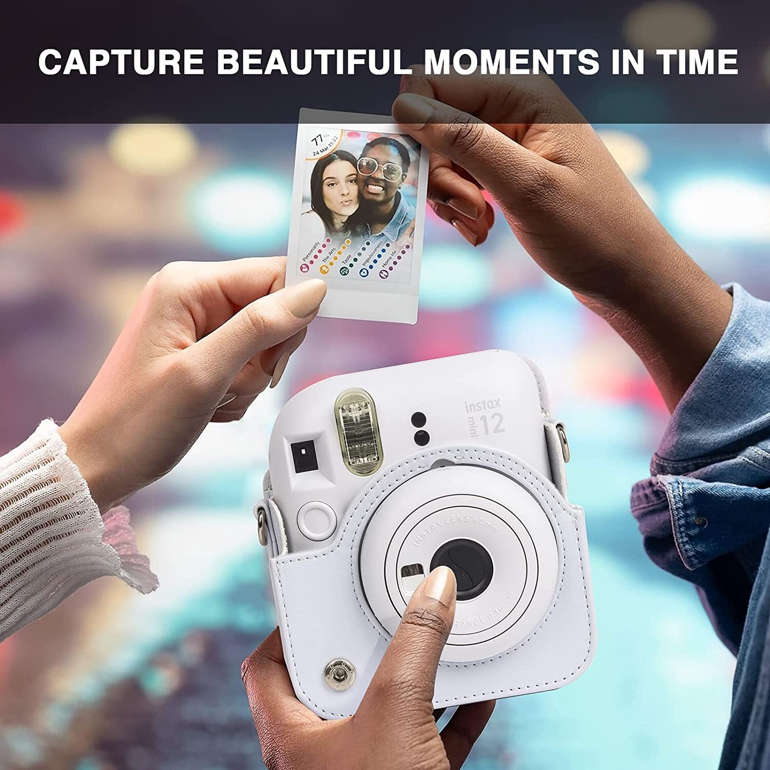 For Fujifilm Instax Mini 12 Case Clay White PU Leather Cover +Adjustable Strap