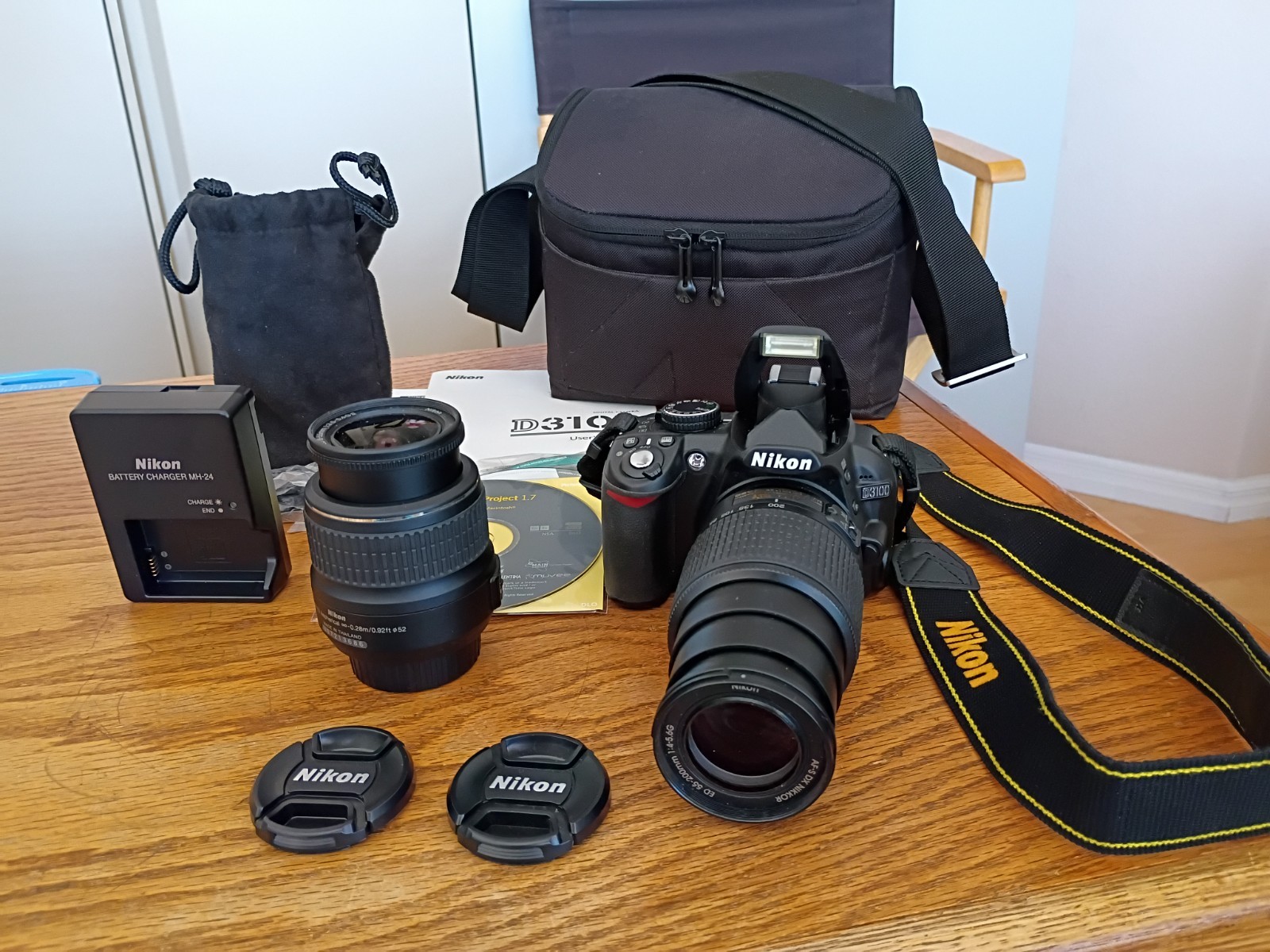 Nikon D3100, 18-55mm, 55-200mm Lenses, 32GB SD, Case, Charger, Manuals, Tested