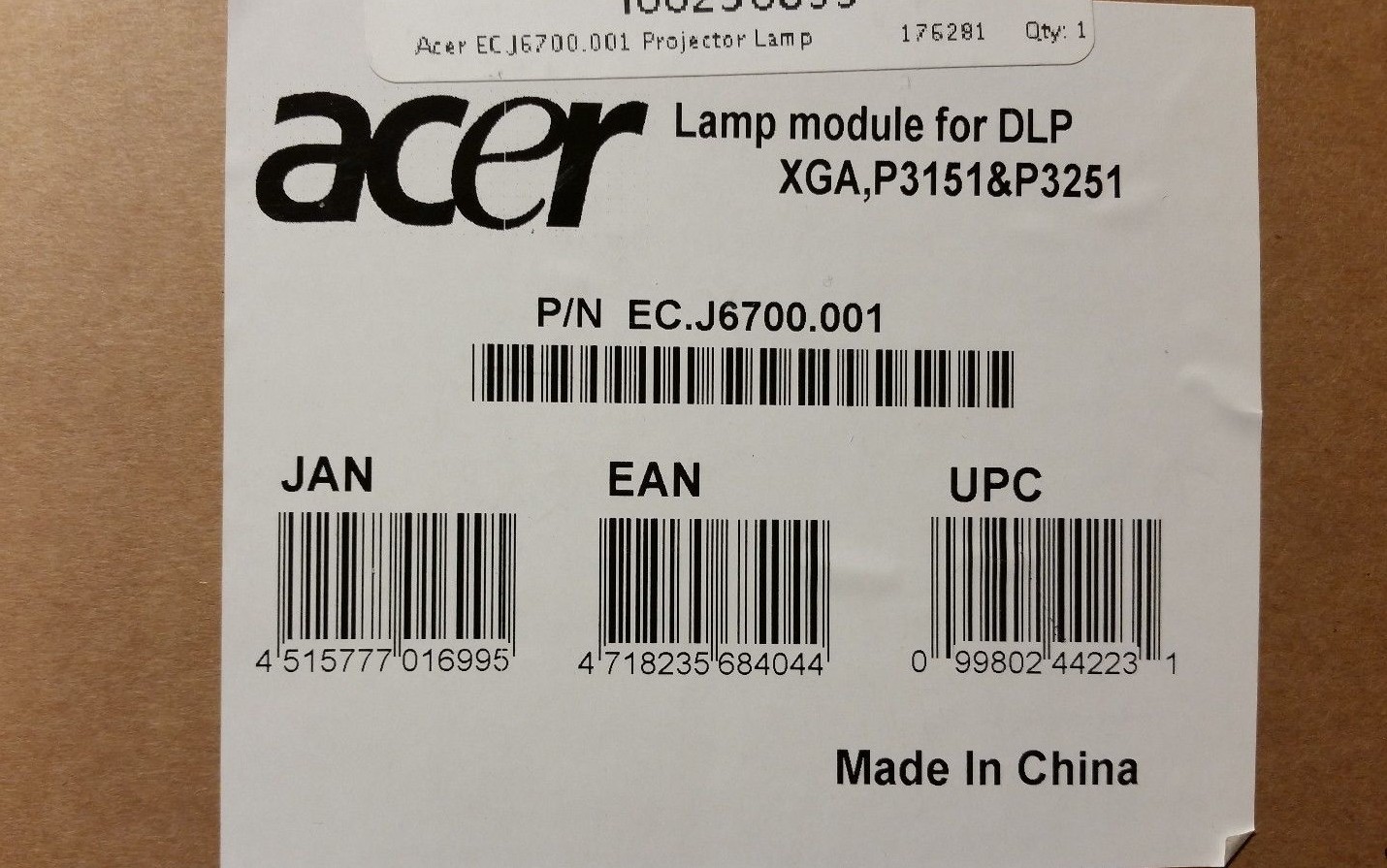 ORIGINAL ACER PROJECTOR LAMP DLP XGA, P3150,P3250 EC.J6700.001 LAMP+housing OEM
