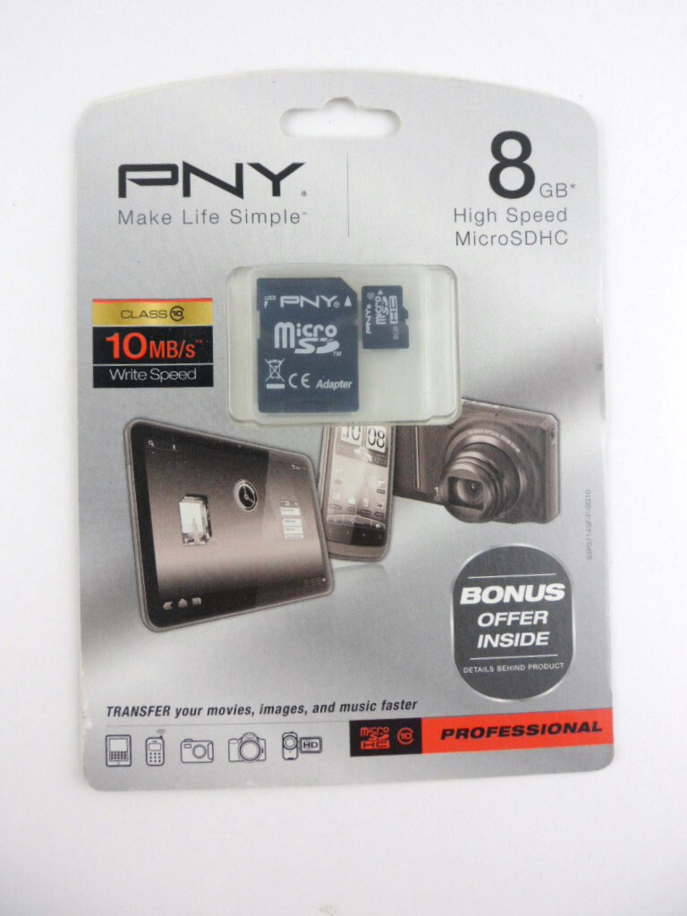 PNY MicroSDHC 8 GB Memory Card + SD Adapter Professional – New