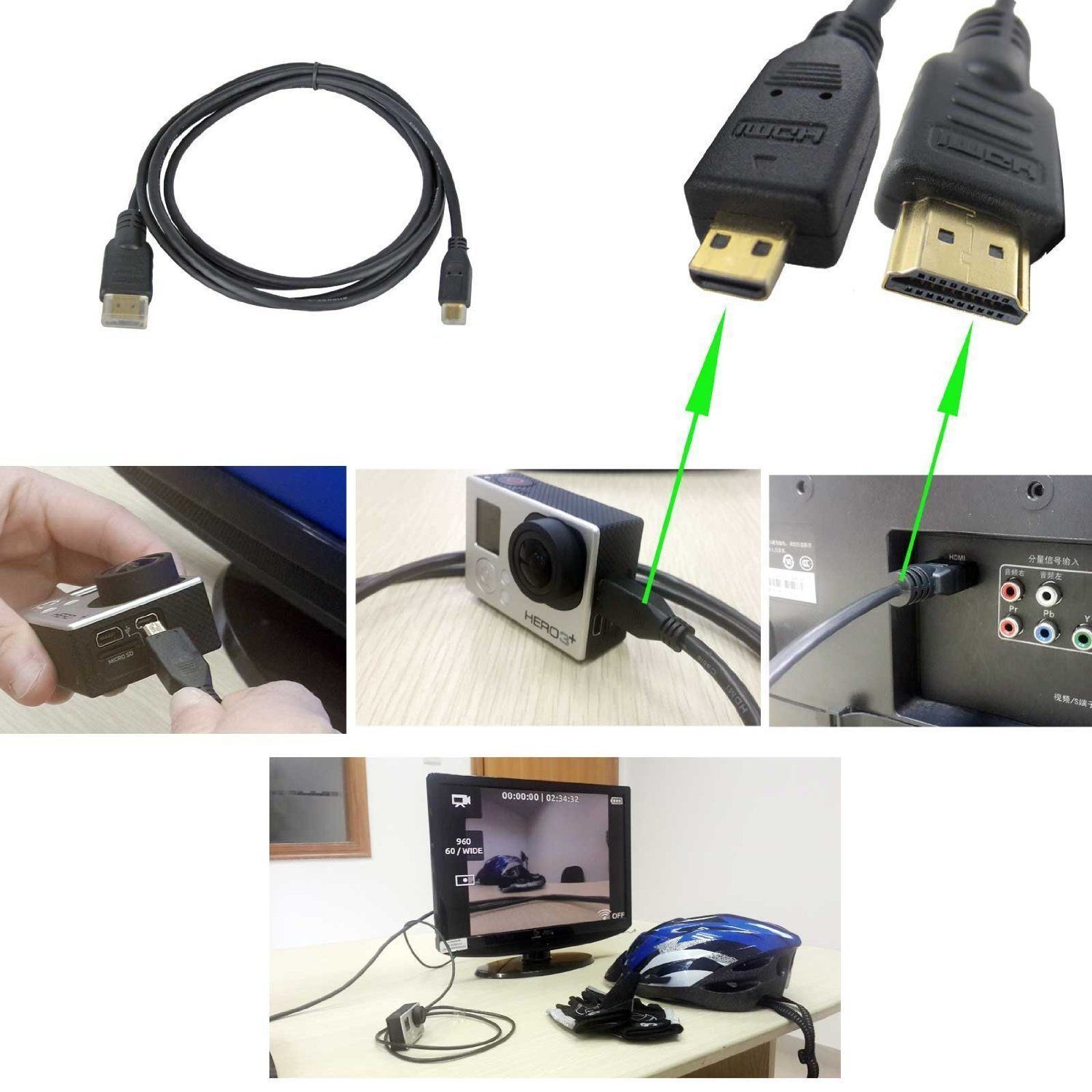 2in1 Cable Kit for GoPro Hero HD 4/3+/3, 6ft Mirco HDMI AV Cable + 15ft USB Cord
