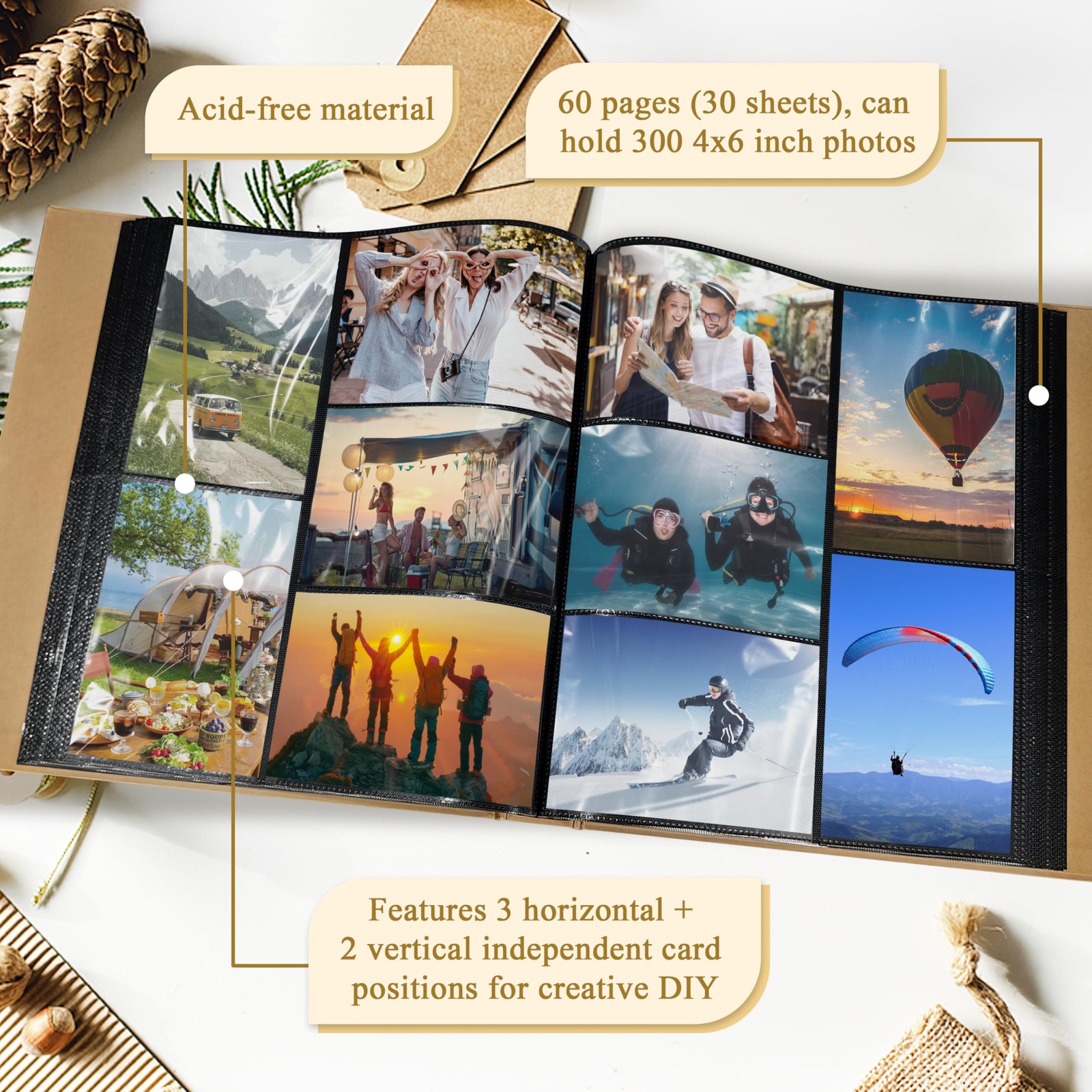 Travel Photo Album 4×6 300 Photos,5 Pockets Per Page,World Map Kraft Cover Va…