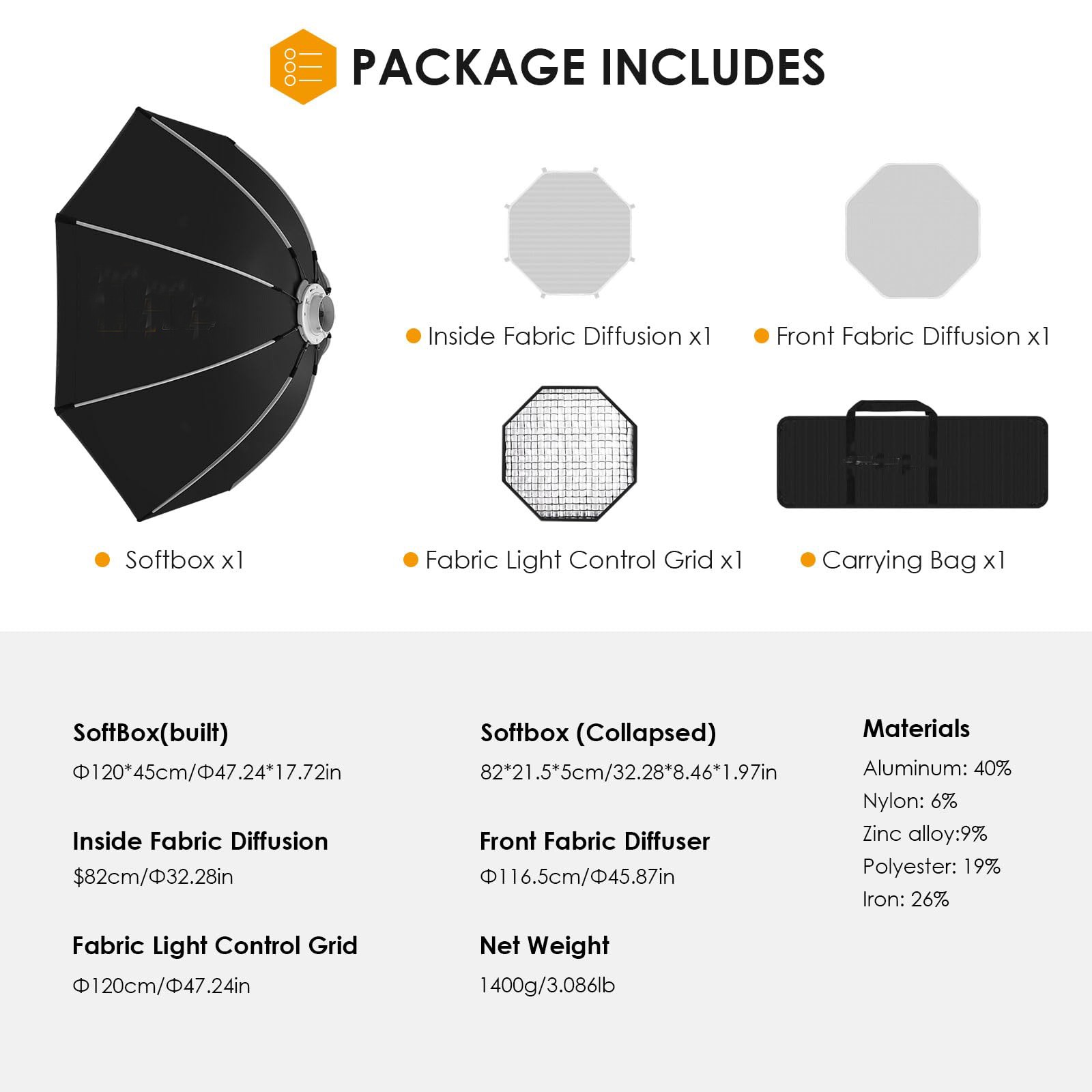 US Triopo 120cm Octagon Softbox Quick Set up with Honeycomb Gird for Monolight