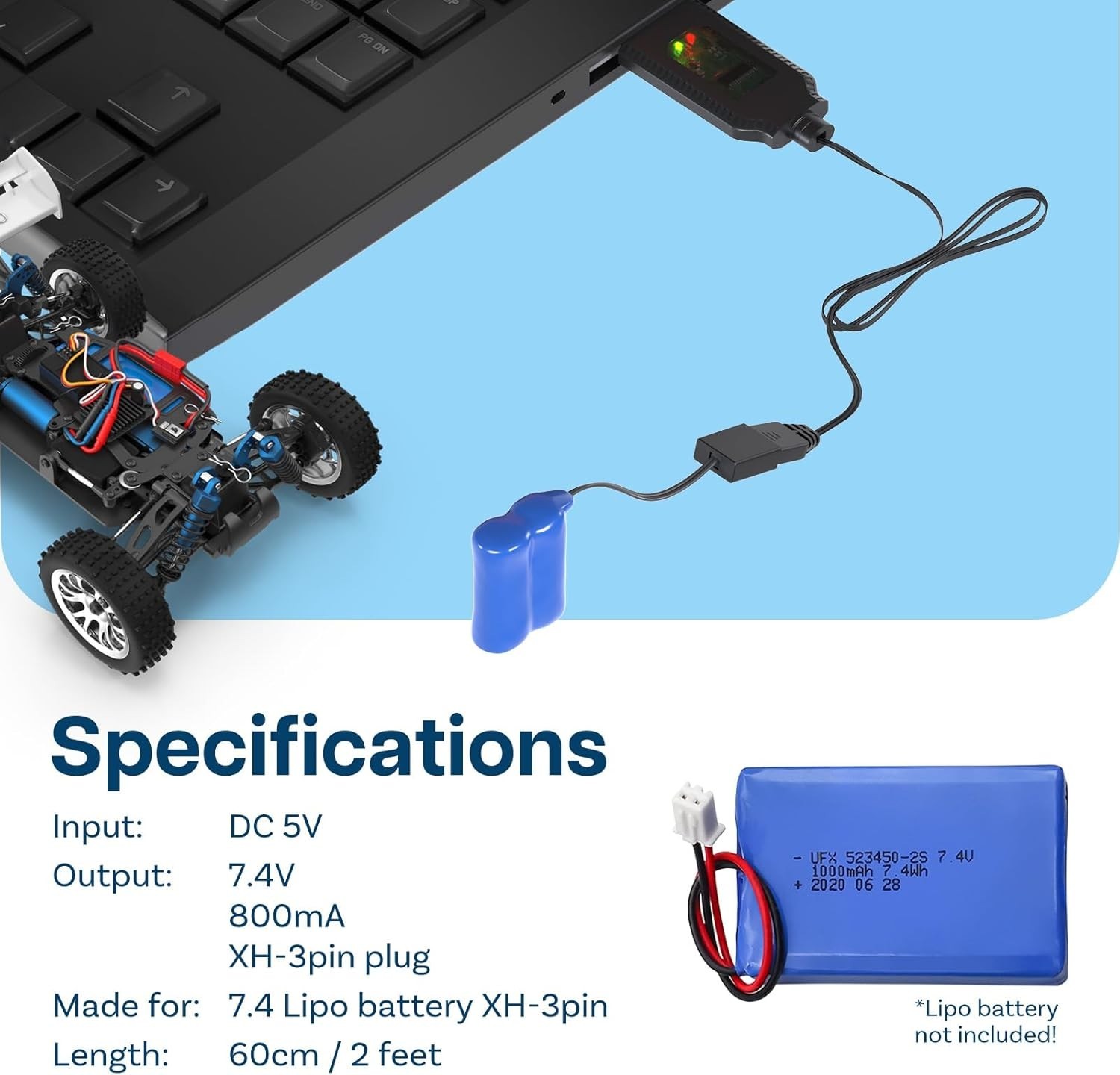 Durable 2FT USB Charger for 7.4V LiPo & Li-ion Batteries – Perfect for RC Drones
