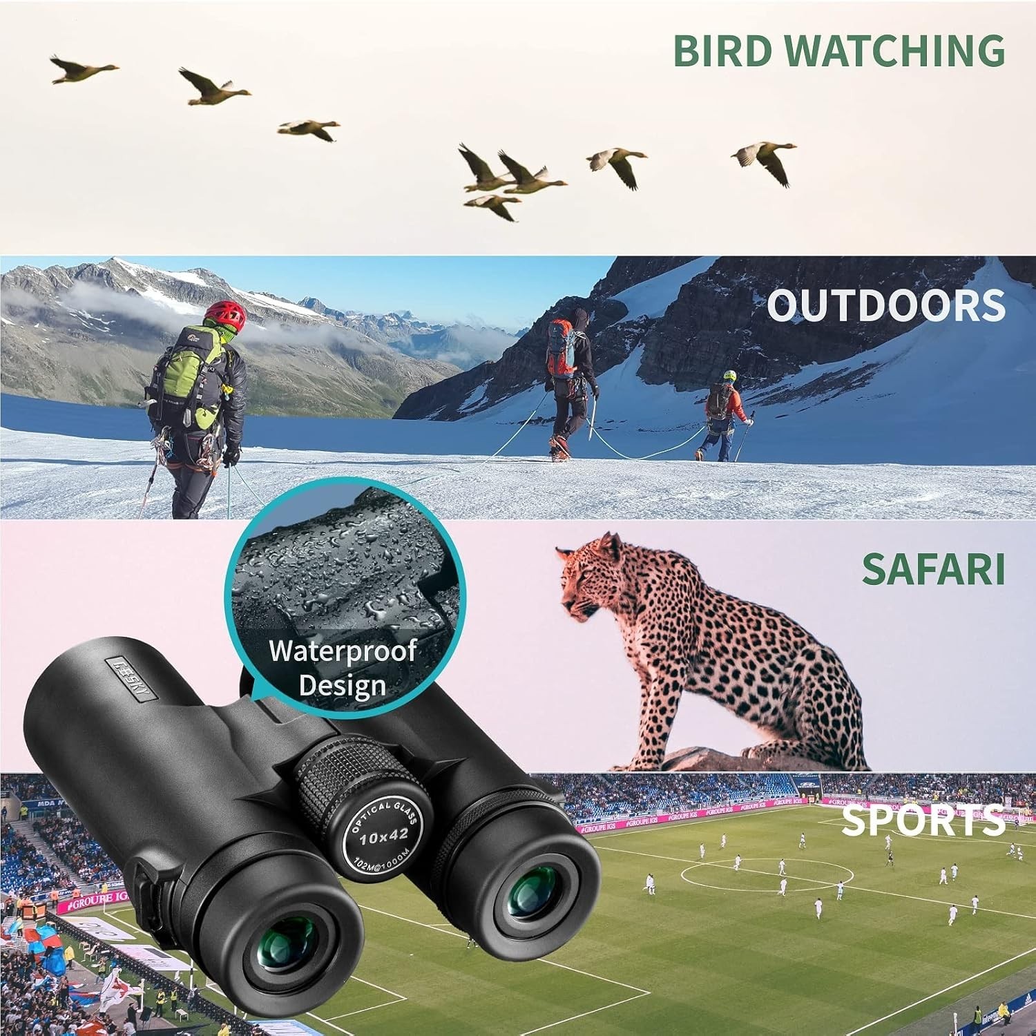 Gosky 10×42 Roof Prism Binoculars for Adults HD Professional Binoculars BAK4 FMC