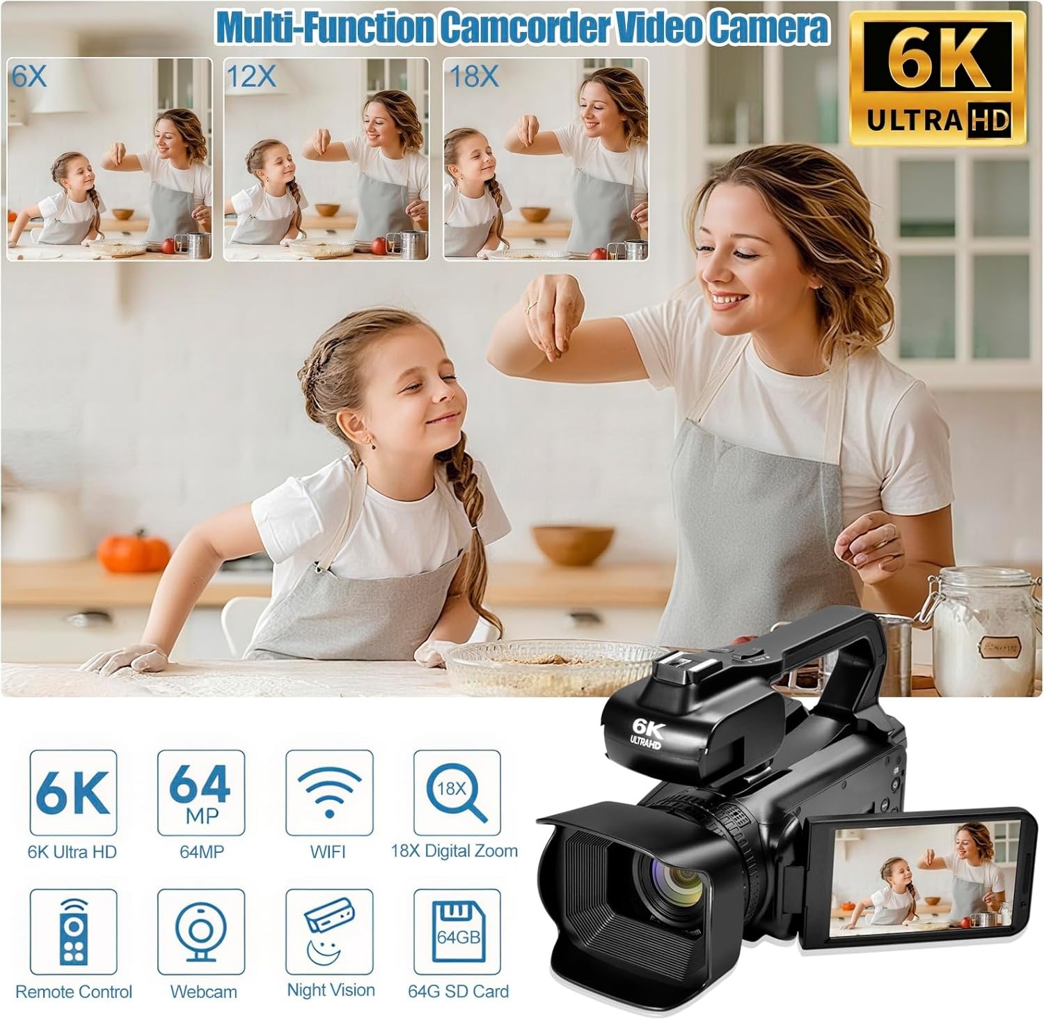 6K UHD Camcorder Video Camera with WIFI, 64MP IR Night Vision 18X Digital Zoom