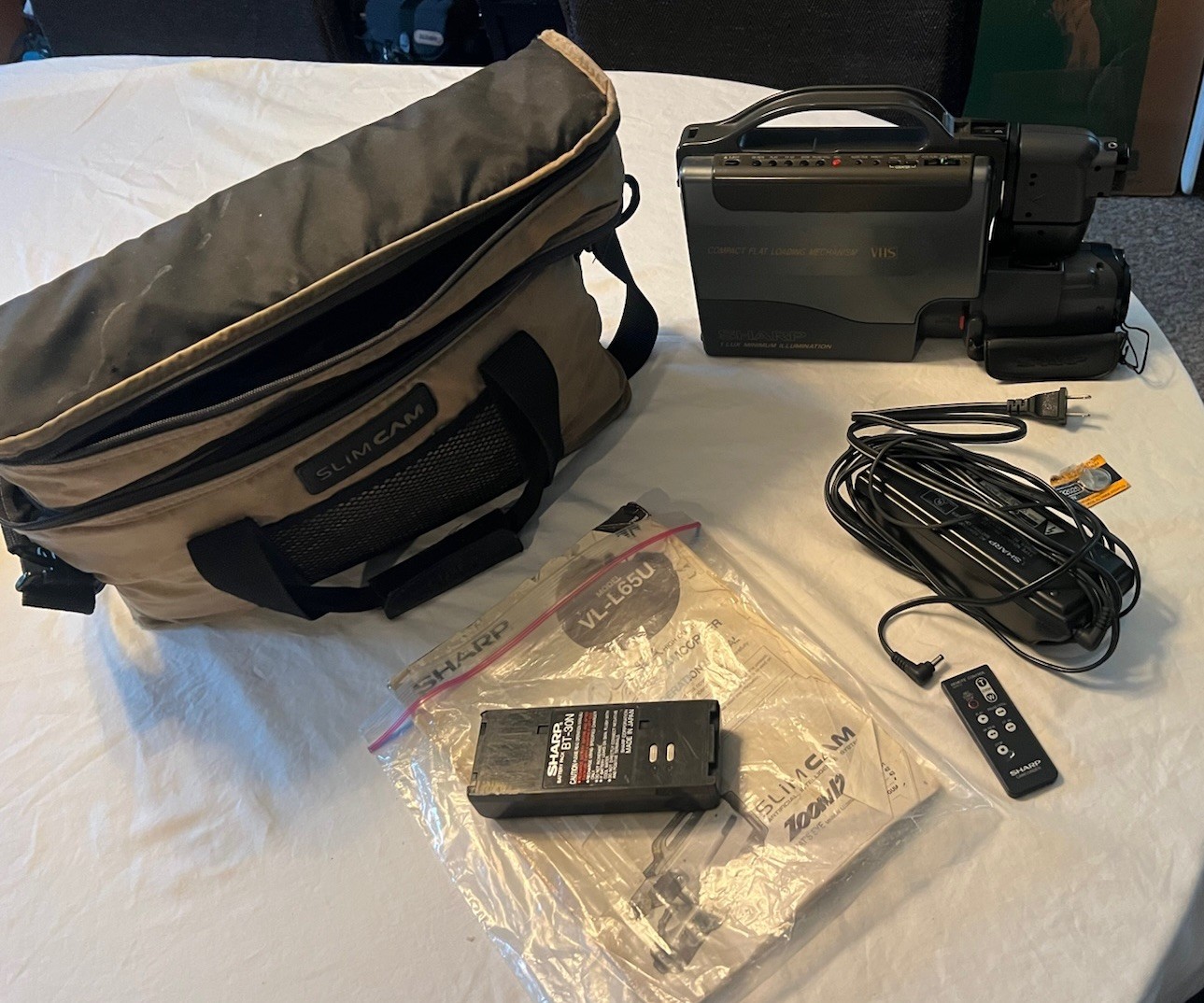 Sharp Slim Cam VL-L64U Vintage VHS Camcorder with Battery, Charger, Bag Untested