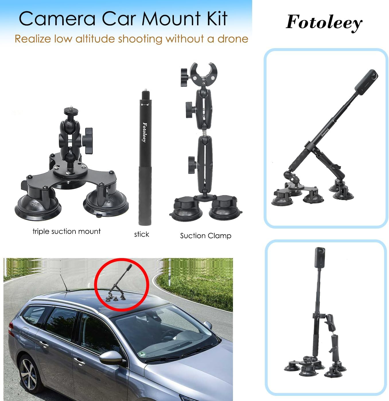 360 Camera Suction Cup Car Mount Kit for Insta360 X4/X5 /X3/Ace Pro/Go 3 & GoPro
