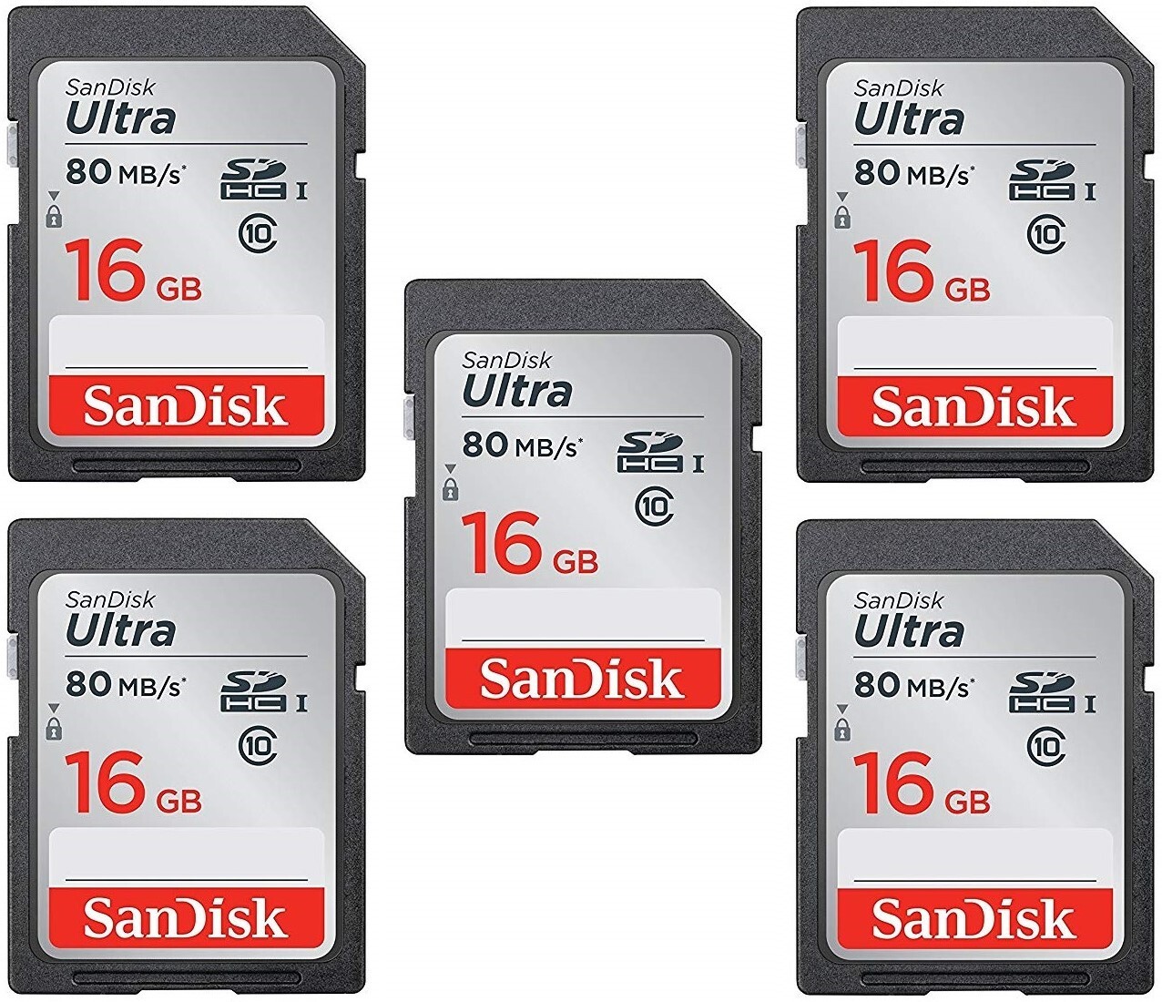5 x SanDisk 16GB Ultra Class 10 SDHC 80MB/s Camera Card SDSDUNC-016G