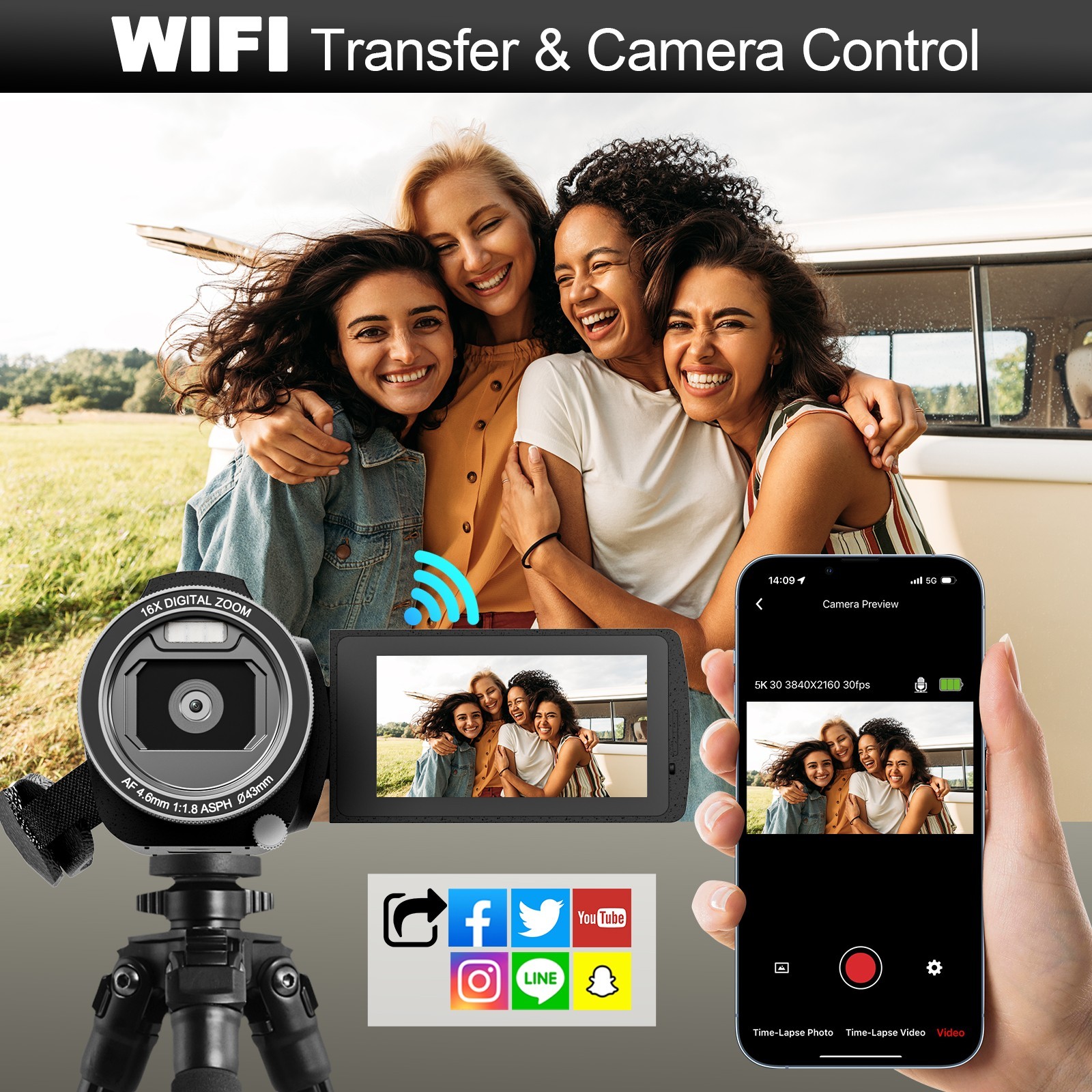 4K Video Camera 18x 60FPS Camcorder WiFi IR Night Vision Vlogging Camera Kit