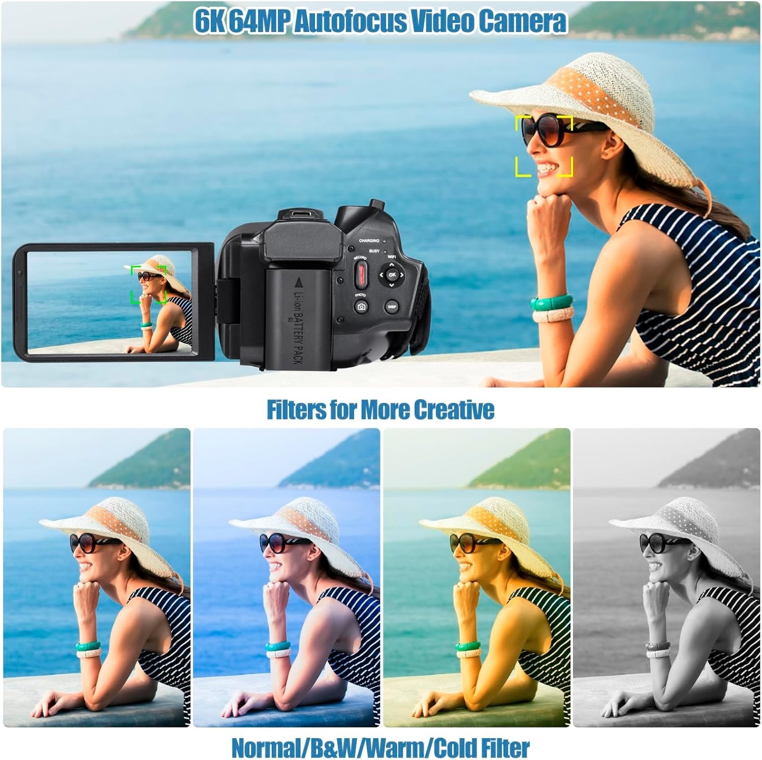6K UHD Camcorder Video Camera with WIFI, 64MP IR Night Vision 18X Digital Zoom
