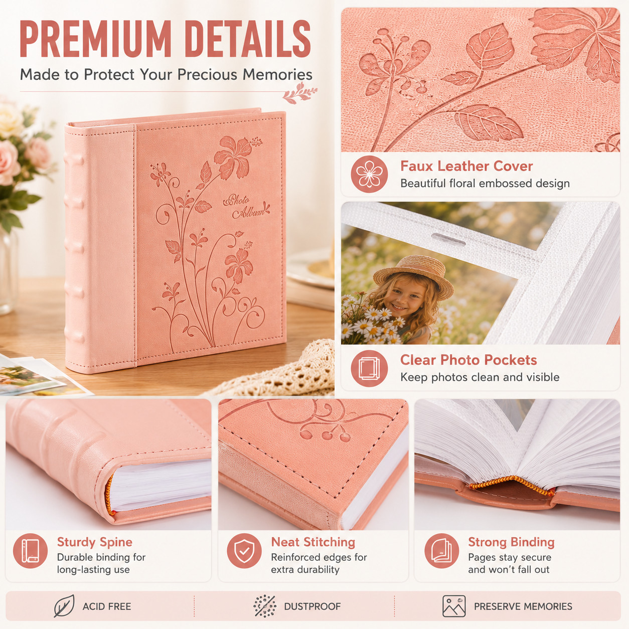 Photo Album Holds 200 4×6 Pictures 2 Per Page Faux Leather Marron