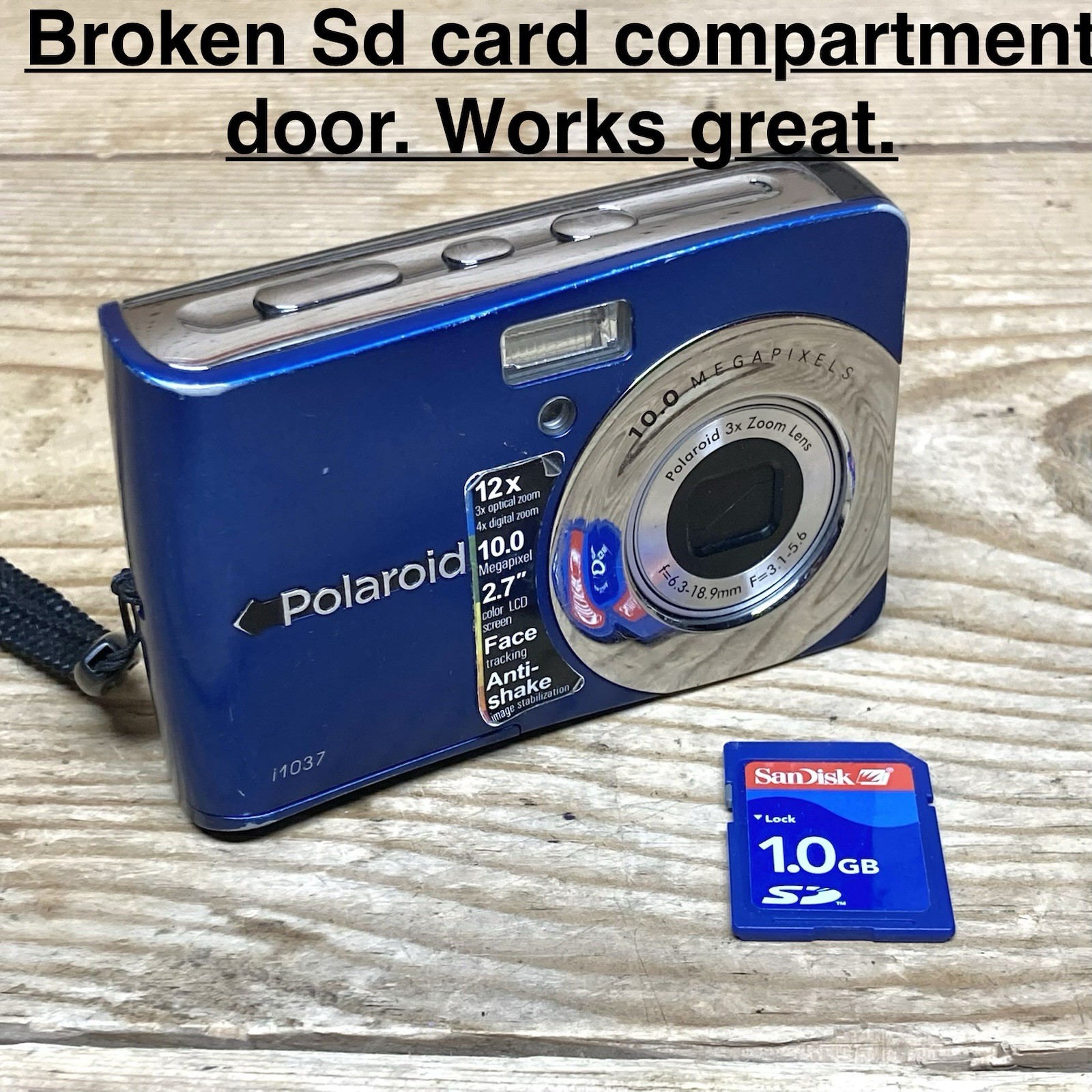 Polaroid i1037 10MP Digital Camera, Blue, 1GB SD, Works Great – Has Some Wear