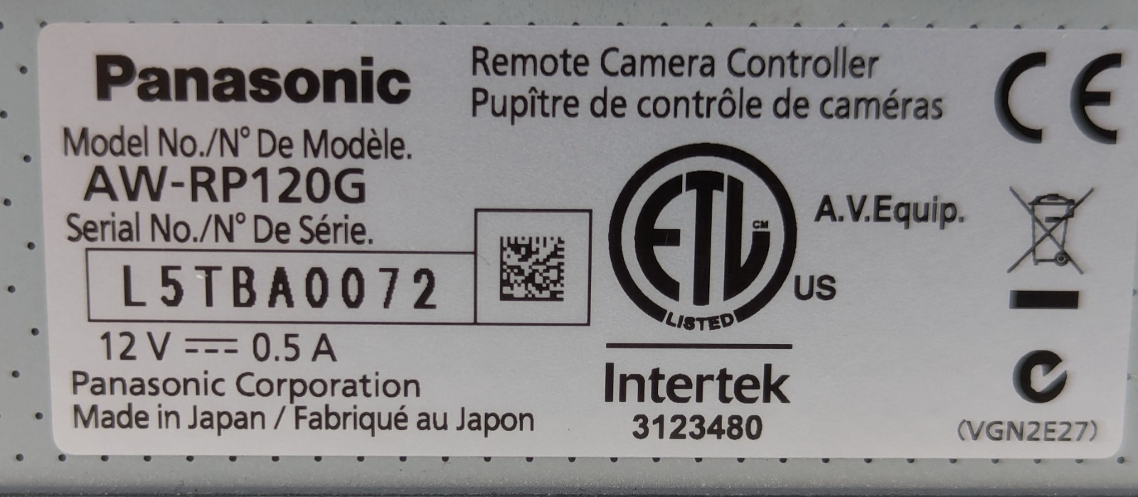 Panasonic AW-RP120G Remote PTZ IP Network Camera Controller – *No Power, AS-IS*