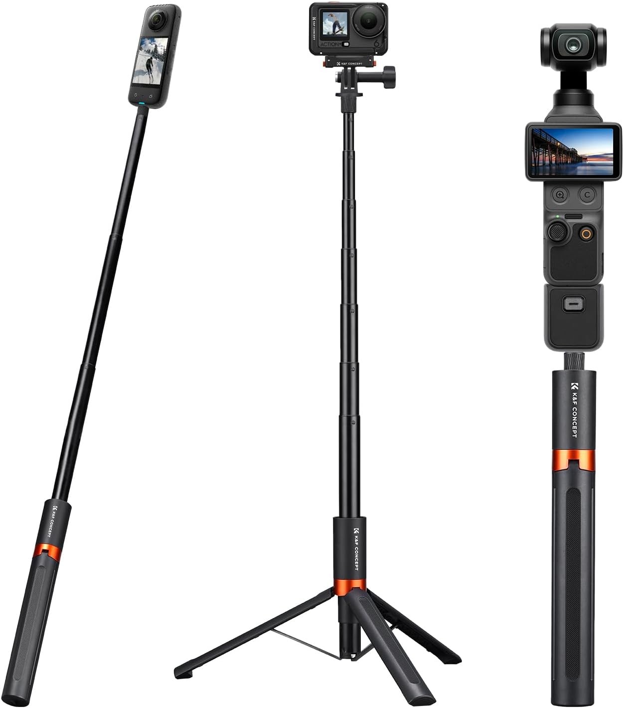 K&F CONCEPT 66″ Invisible Selfie Stick Tripod for Insta360 X5/X4/X3 DJI Osmo 360