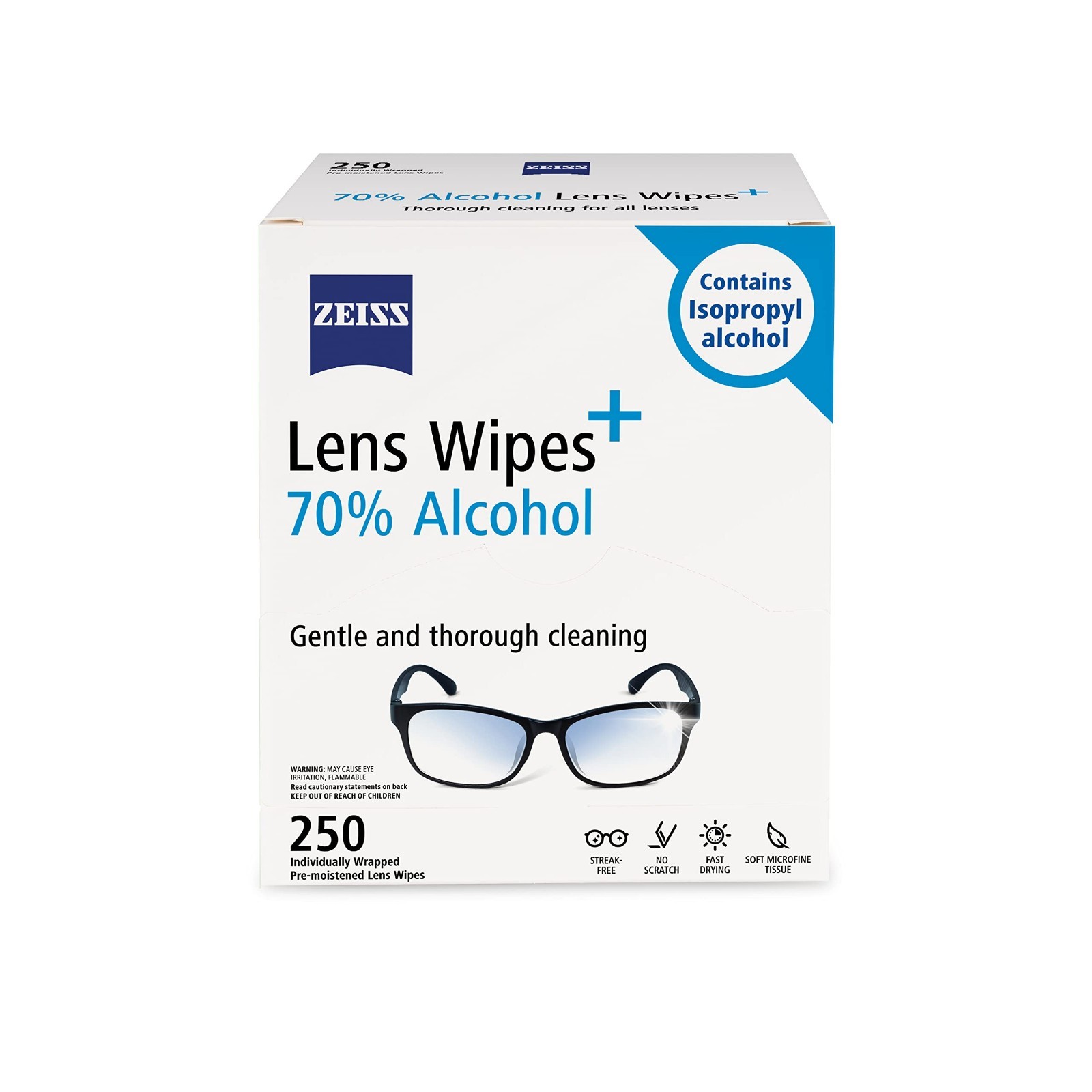 Pre-Moistened Lens Cleaning Wipes, 70% Alcohol, 250 Count, Anti-Fog, Streak-Free