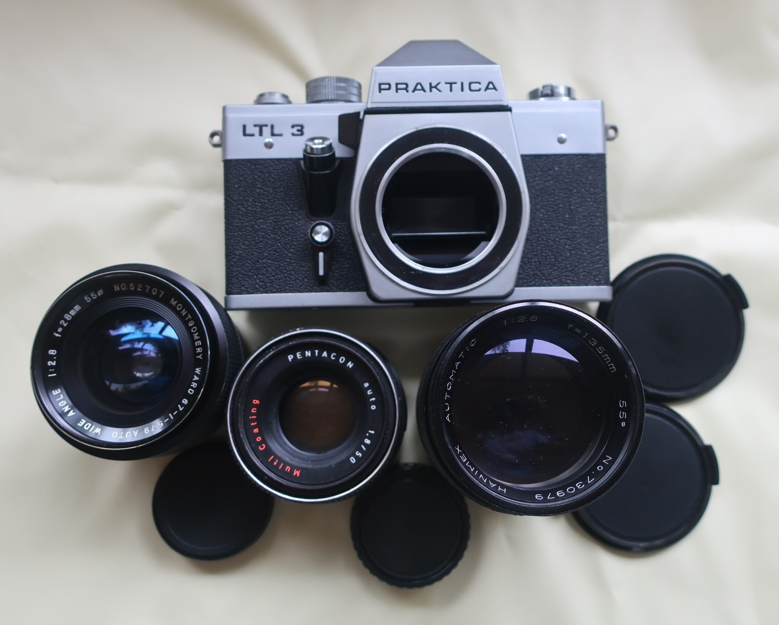 Praktica LTL Camera +Pentacon 50/1.8 +Haminex 135/2.8+Montgomery Ward 28/2.8