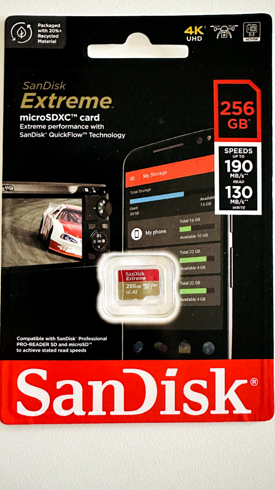 SanDisk Extreme 256GB A2 microSDXC Card C10 U3 V30 190MBs 4K for GoPro/Drone