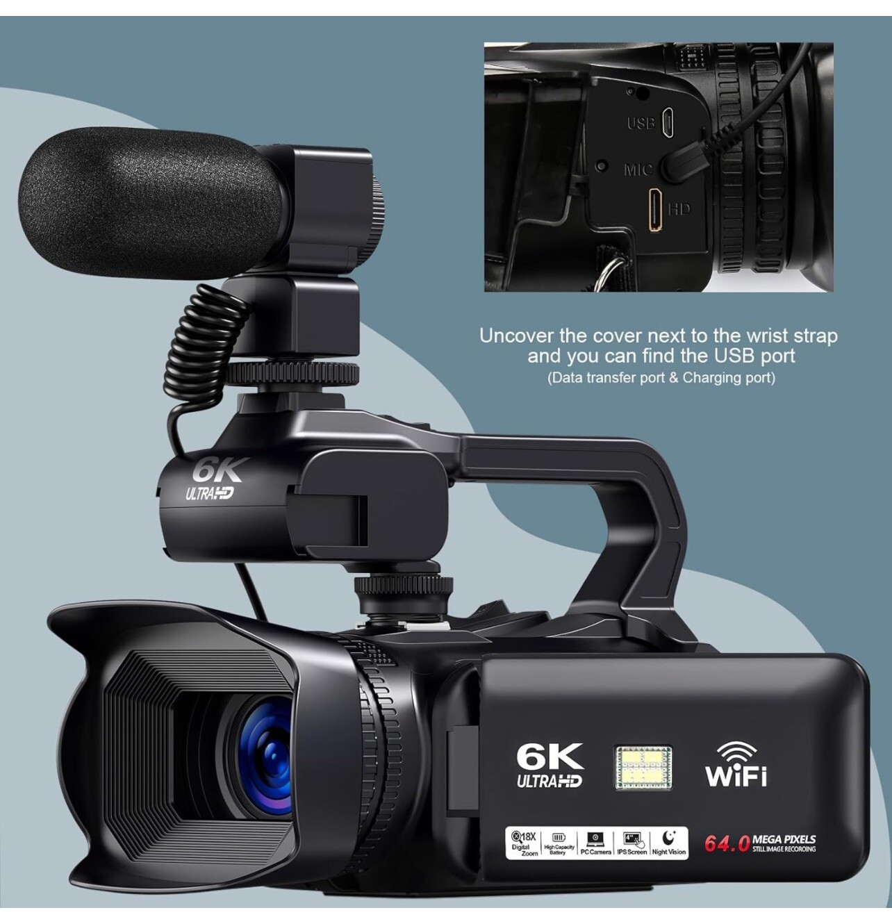 6K 64MP Video Camera Camcorder, 18X Digital Zoom IR Night Vision Vlogging Camera