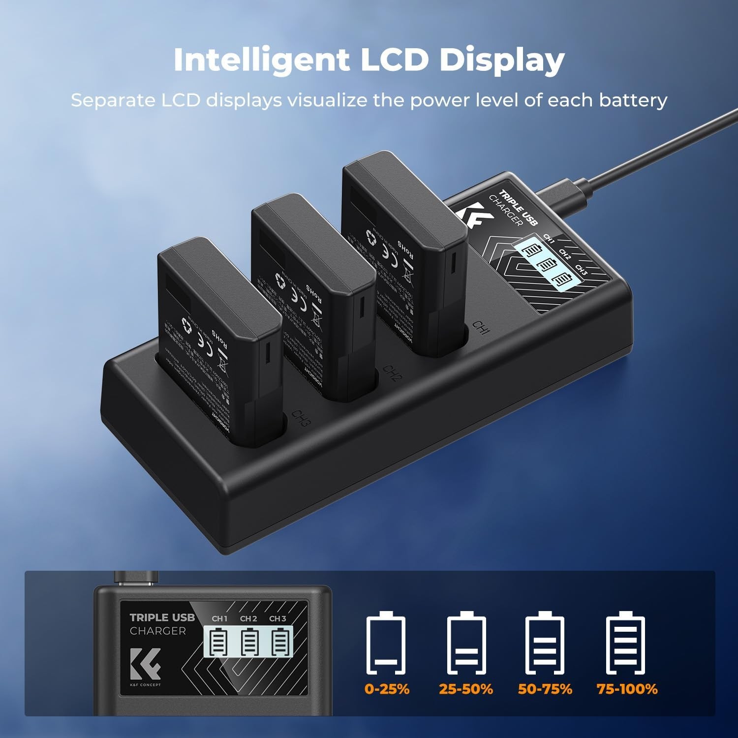 K&F Concept 3 Pack EN-EL14 Battery & Upgrade LCD Charger for Nikon D5300 D5600