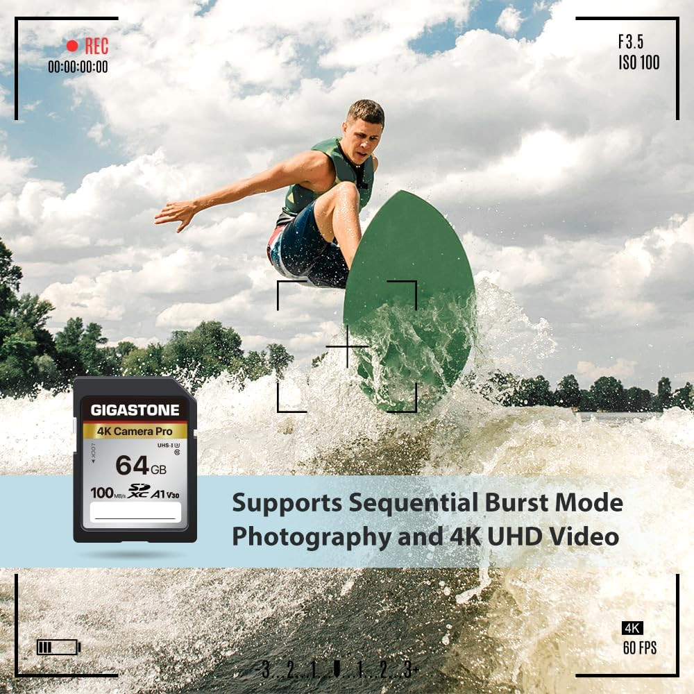 【5-Years Data Recovery】 64GB SD Card, 4K Camera Pro, UHS-I A1 V30 SDXC Memory C